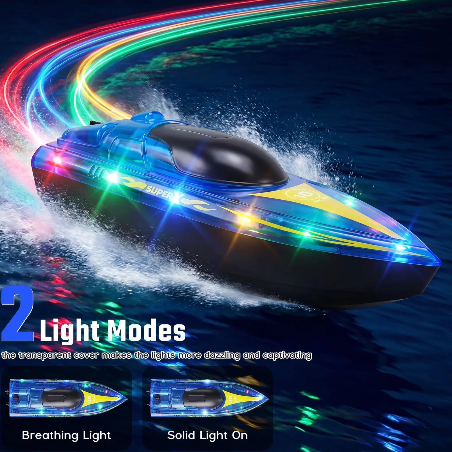 Barco Teledirigido, 2.4GHz Lancha Teledirigida con Luces LED, 2 Baterías, 90+ Mins, Alerta de batería baja, 15KM/H Barco RC para Piscinas Lagos, Juguete acuático para Adultos, niños de 14 años arriba