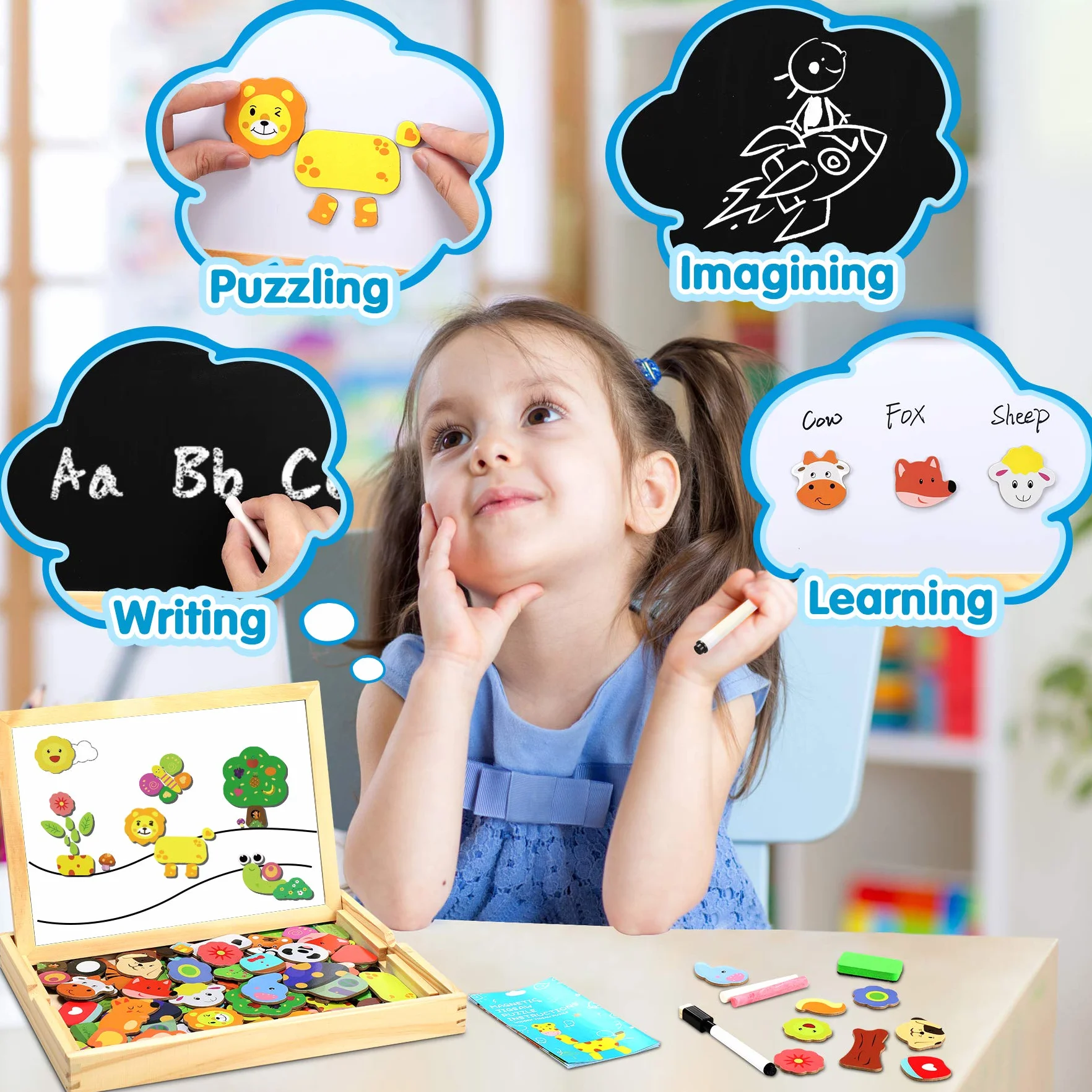 Puzzles de Madera 110 pcs, Juguete Educativo con Pizarra Magnética Doble Cara, Rompecabezas para Niños 3-5 Años Animales Bosque