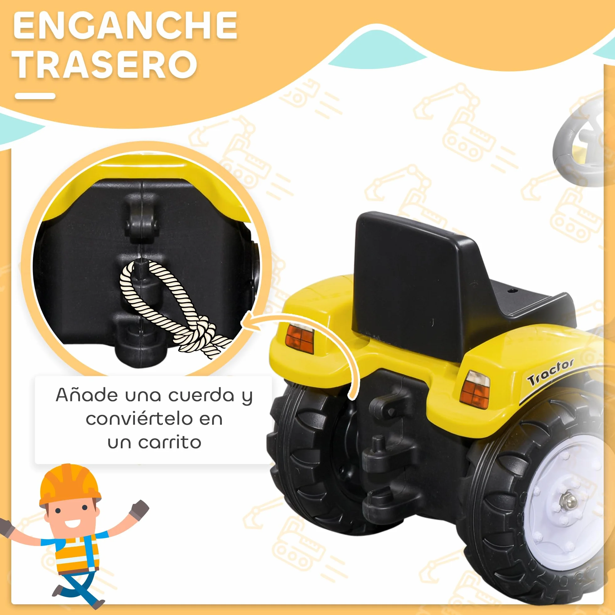 HOMCOM Tractor a Pedales para Niños de 3 Años Excavadora Camión con Pala Delantera Juguete de Montar Coche de Pedales Carga 35 kg 114x41x52 cm Amarillo