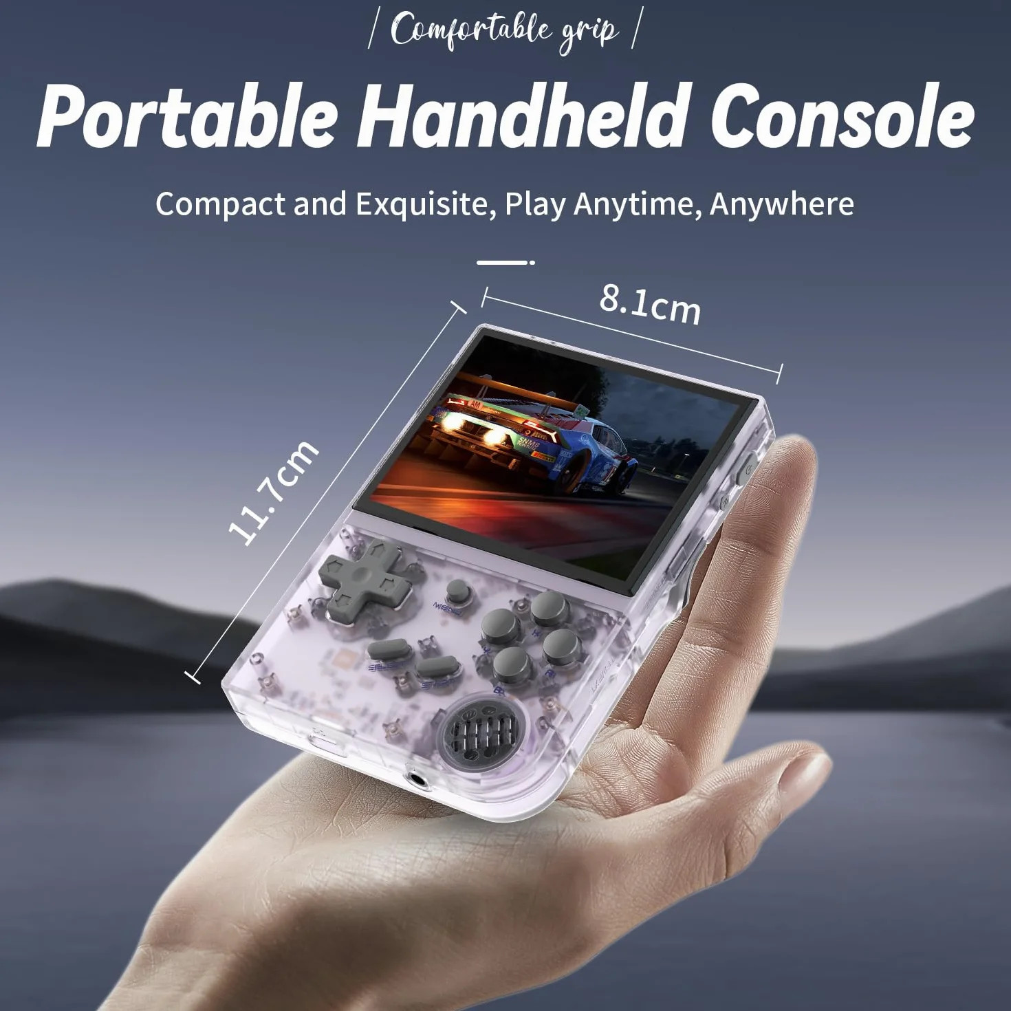 RG35XX - Consola de juegos de mano retro, pantalla IPS de 3.5 pulgadas, sistema Linux integrado, tarjeta TF de 64 G, más de 5000 juegos (morado transparente)
