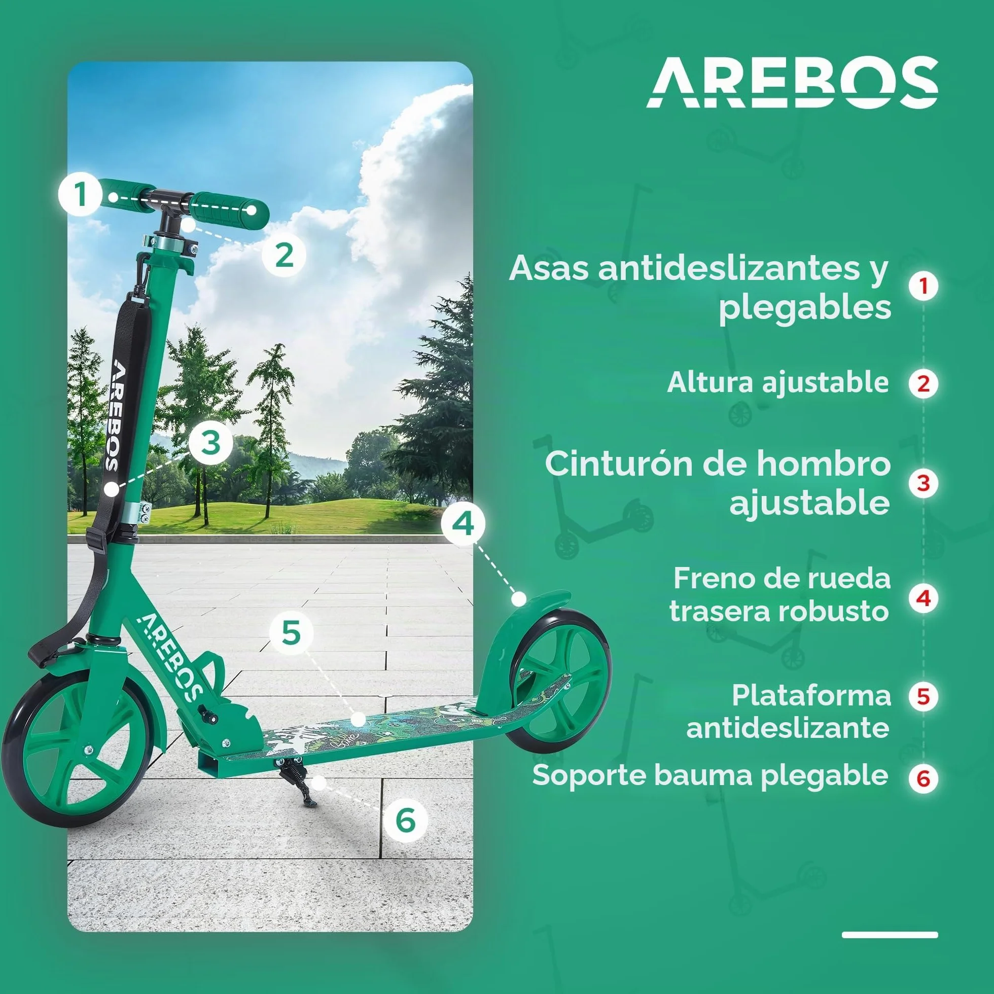Arebos City Scooter Patinete a Pedales Patinete Regulable en Altura | Plegable | Incl. Correa de Transporte | Ruedas XXL | Freno de Pedal |para niños y Adultos |100kg de Capacidad de Carga