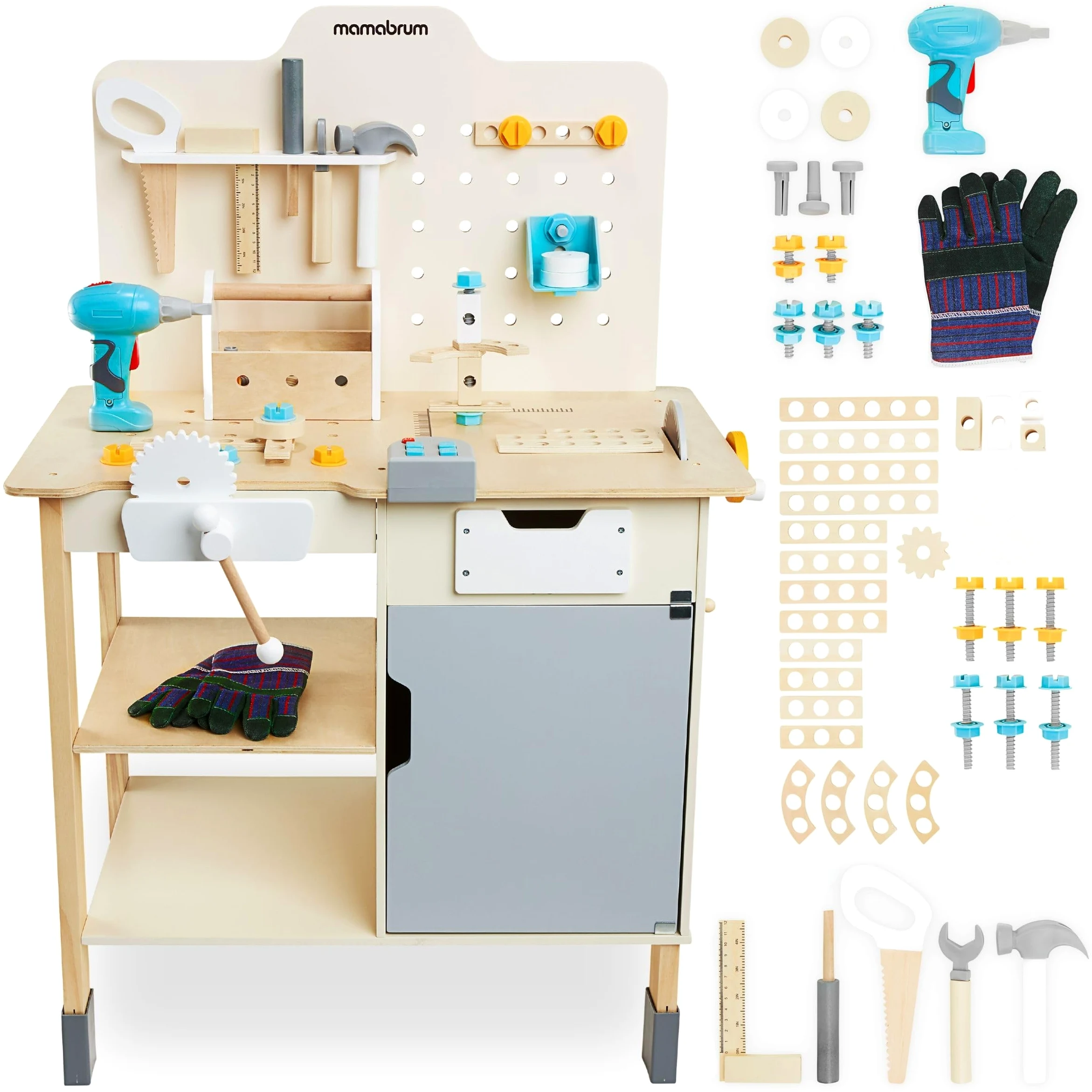 mamabrum Banco Trabajo Madera para Niños - Mesa Herramientas XXL con 74 Piezas, Taladro Eléctrico y Sierra Circular - Altura Ajustable 97-103cm - A Partir de 2 Años