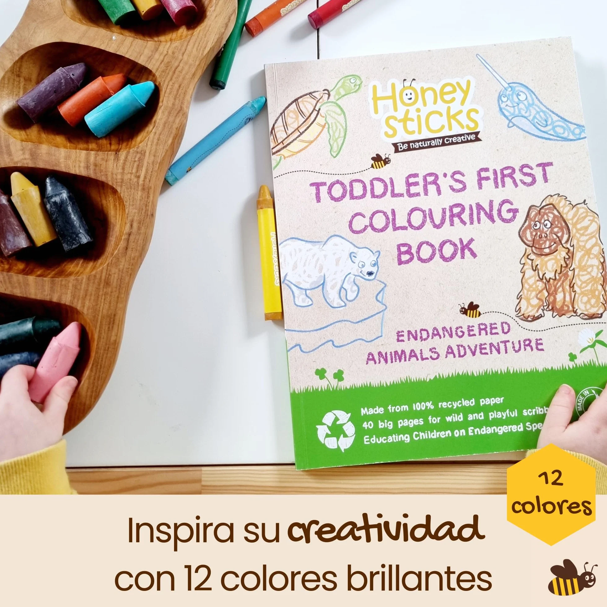 Honeysticks Lápices de cera de abeja 100% puras, naturales, no tóxicos, seguros para niños y niños, hechos a mano en Nueva Zelanda, para 1 año más libro de especies en peligro (12 unidades con libro)