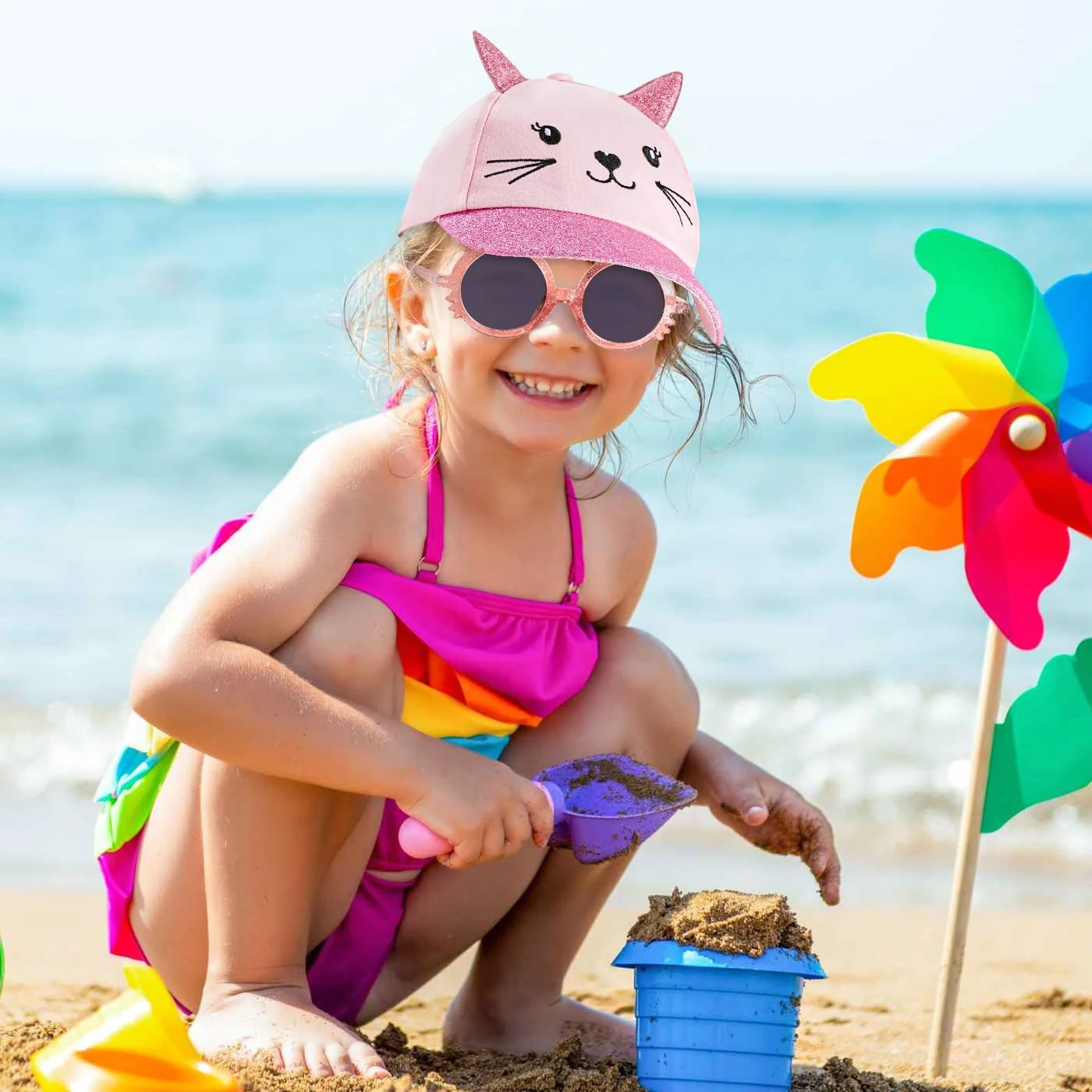 Gorra de Béisbol para Niñas con Orejas de Gato, Gafas de Sol Protección UV Ajustable Sombrero de Lentejuelas Visera