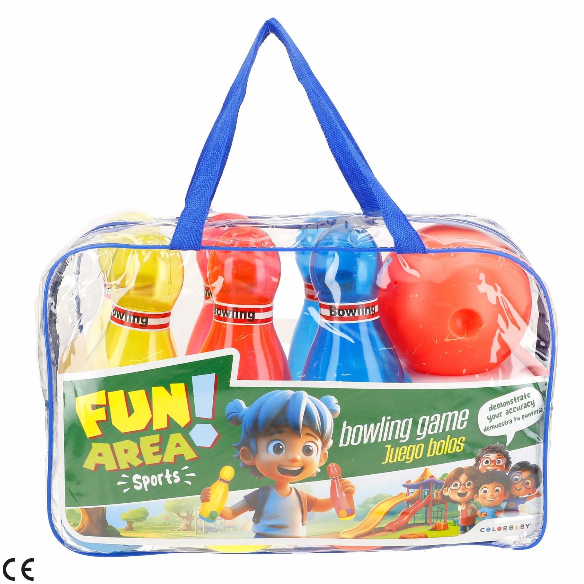 ColorBaby Fun Area! Juego de Bolos, Bolo 7,5x21 cm, Pelota de Ø10 cm, Juegos para niños Exterior, Juguete Infantil niño, Juego Entrenamiento, Juguetes Verano, A Partir de 3 años (47688)