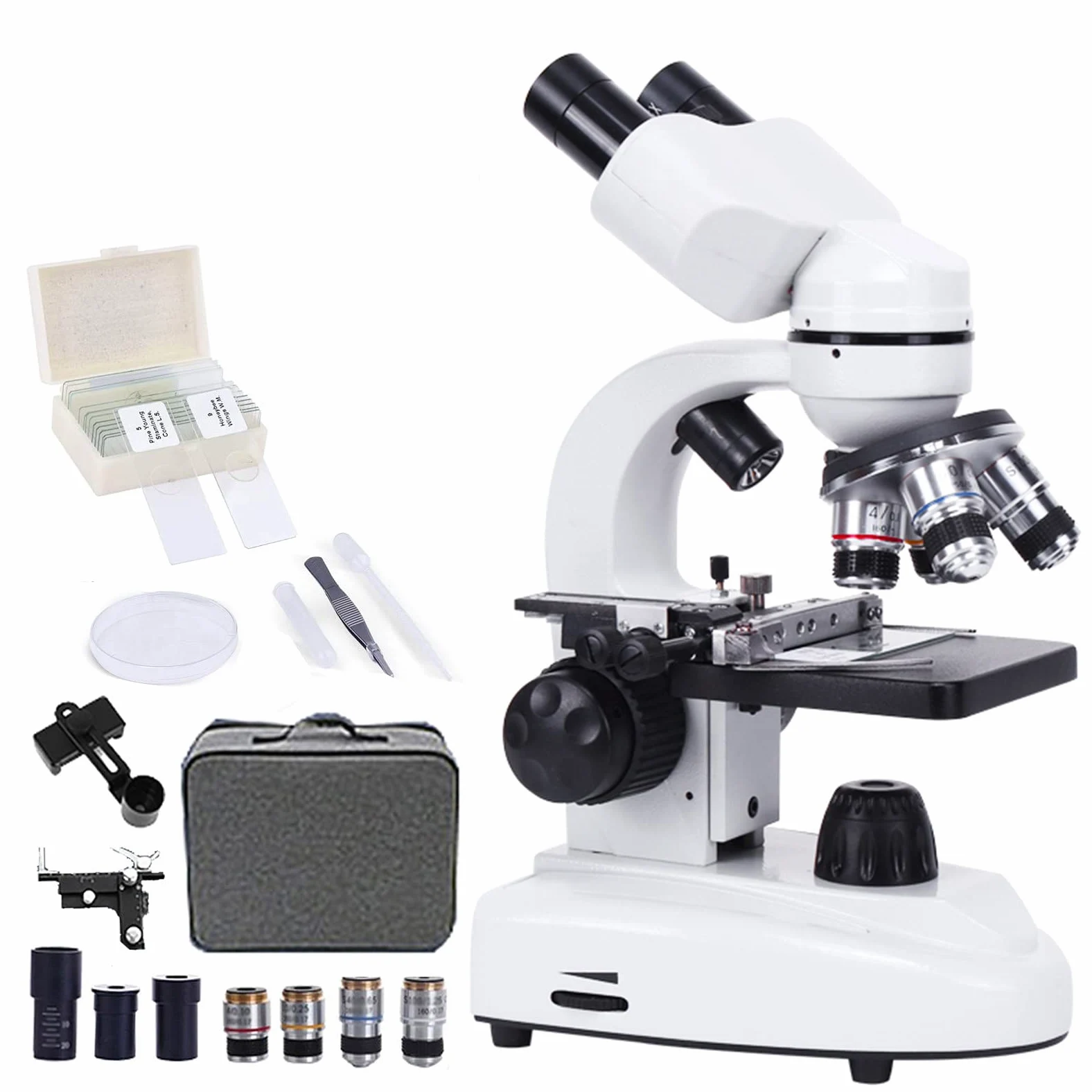Microscopio Binocular 10000x para Adultos, con Portaobjetos De Microscopio, Soporte para Teléfono Y Kits De Preparación De Muestras, Luces Led Ajustables, Enfoque Coaxial Grueso Y Fino
