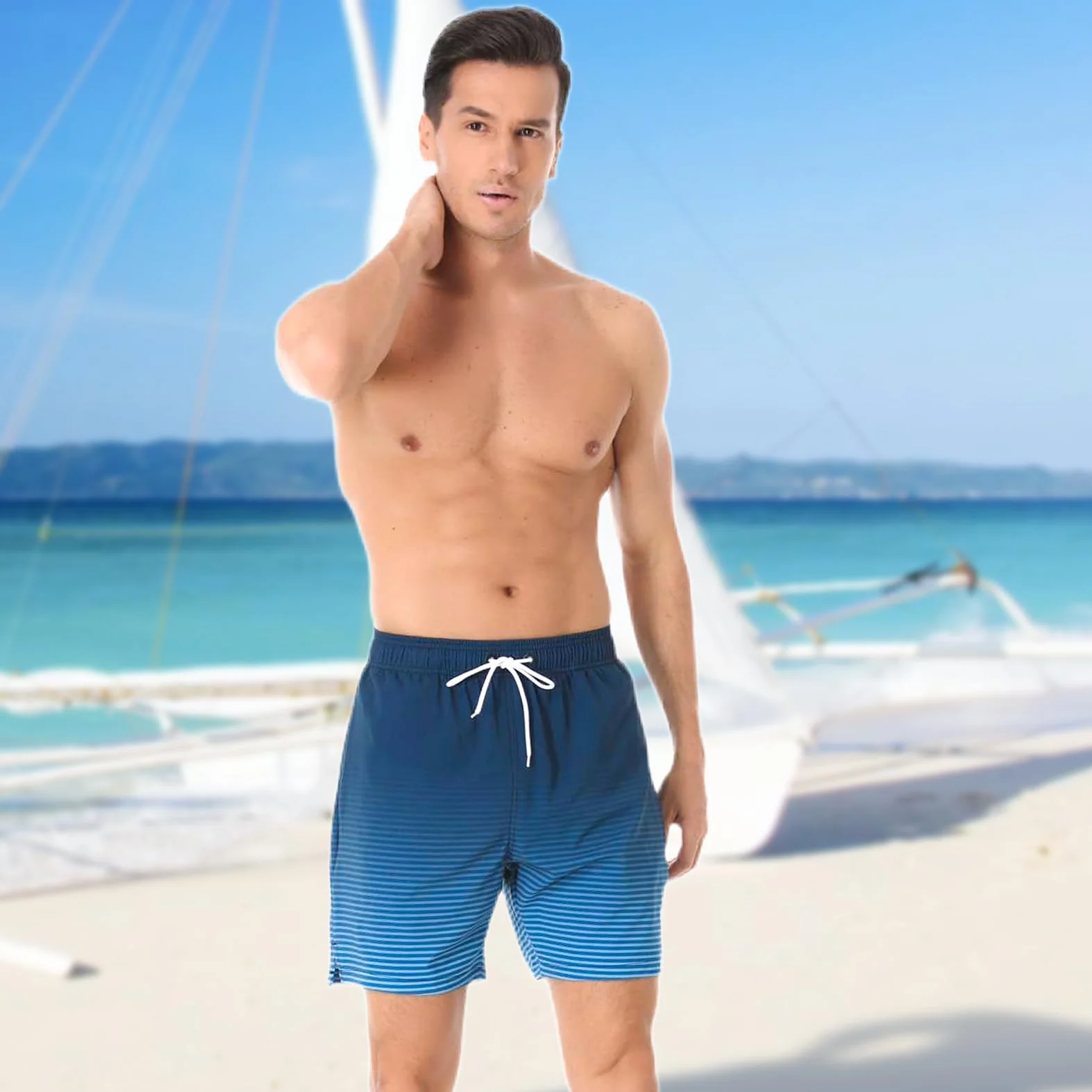 Bañador Hombre Secado Rápido con Bolsillo, Pantalones Cortos de Natación 2 en 1 con Forro de Compresión