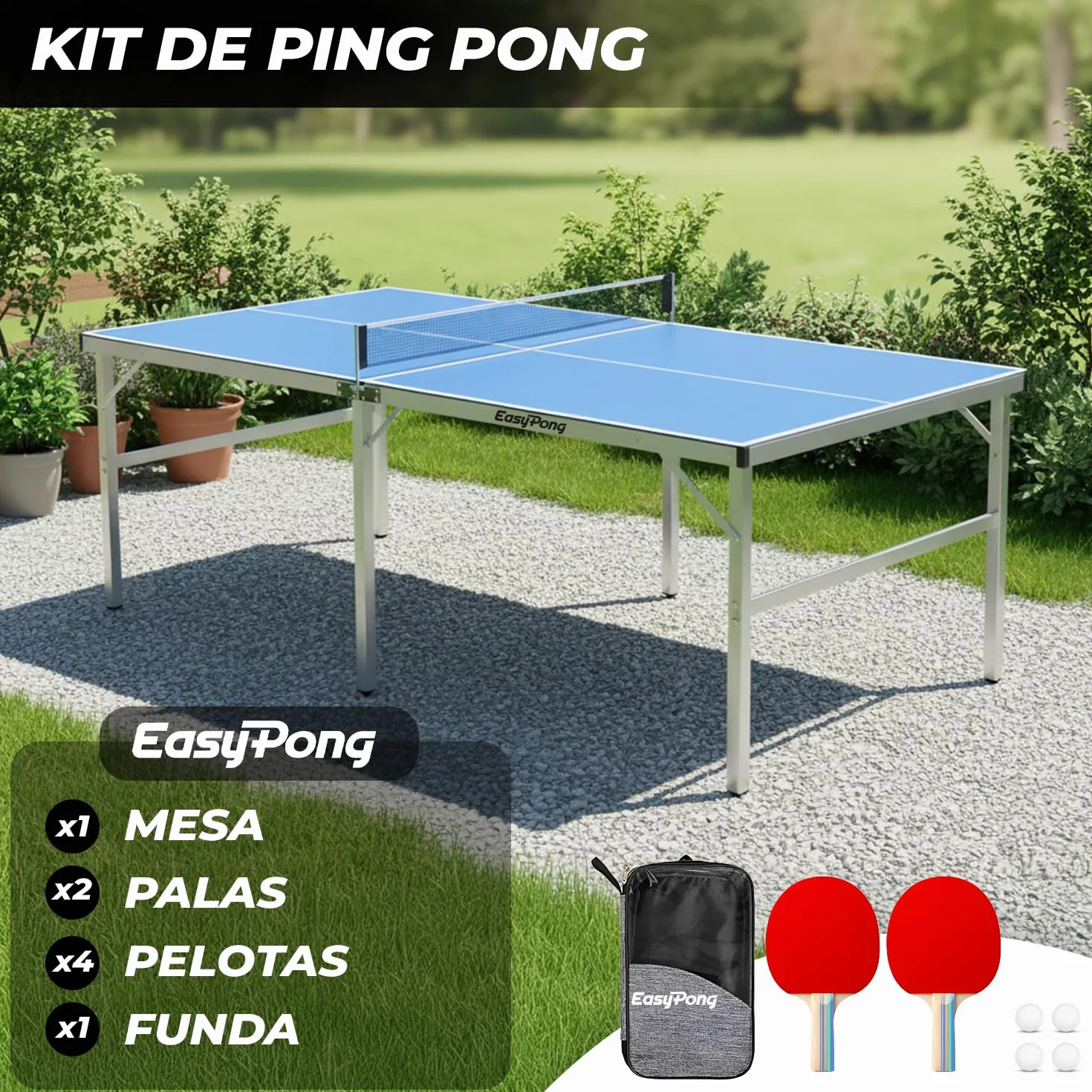 Mesa de Ping Pong Azul Original Cup EasyPong 182x91cm Fácil de Transportar Exterior Interior 2 Raquetas 4 Pelotas Tenis de Mesa