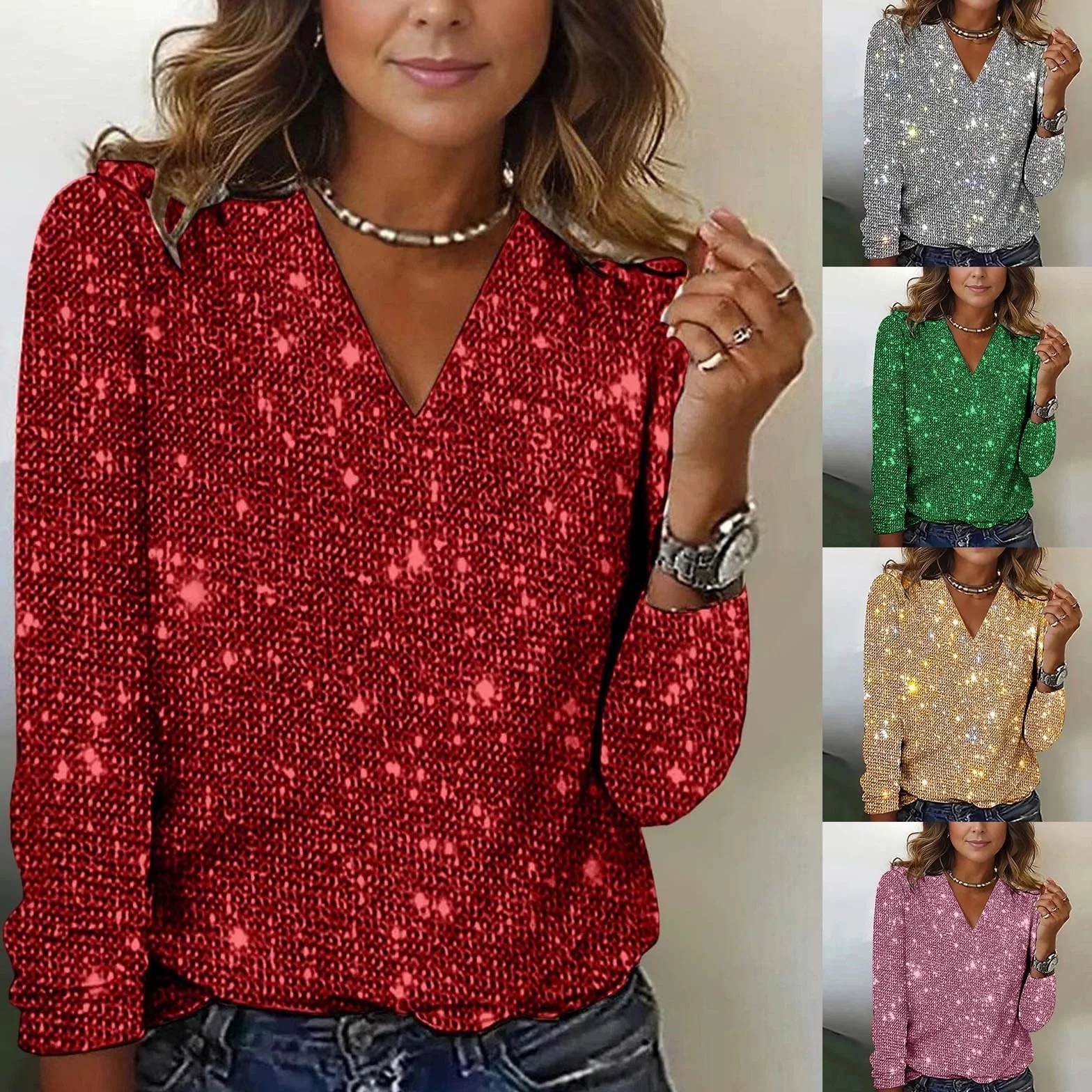 Jersey de lentejuelas para mujer elegante camiseta de fiesta manga larga cuello en V