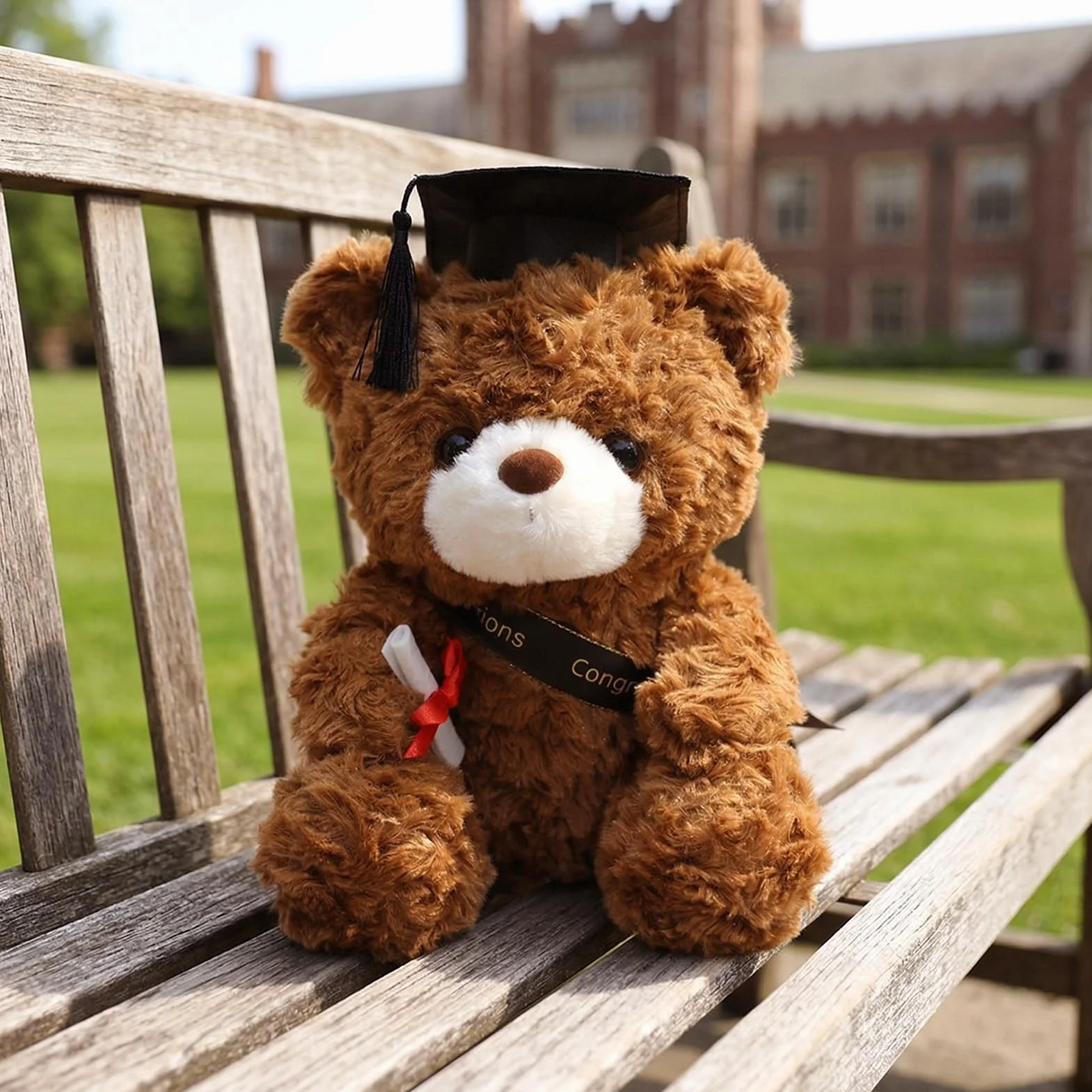 Oso de peluche de graduación con sombrero de doctorado, osito de graduación, regalo de graduación, 23 cm, amuleto de la suerte para graduación (marrón - negro)