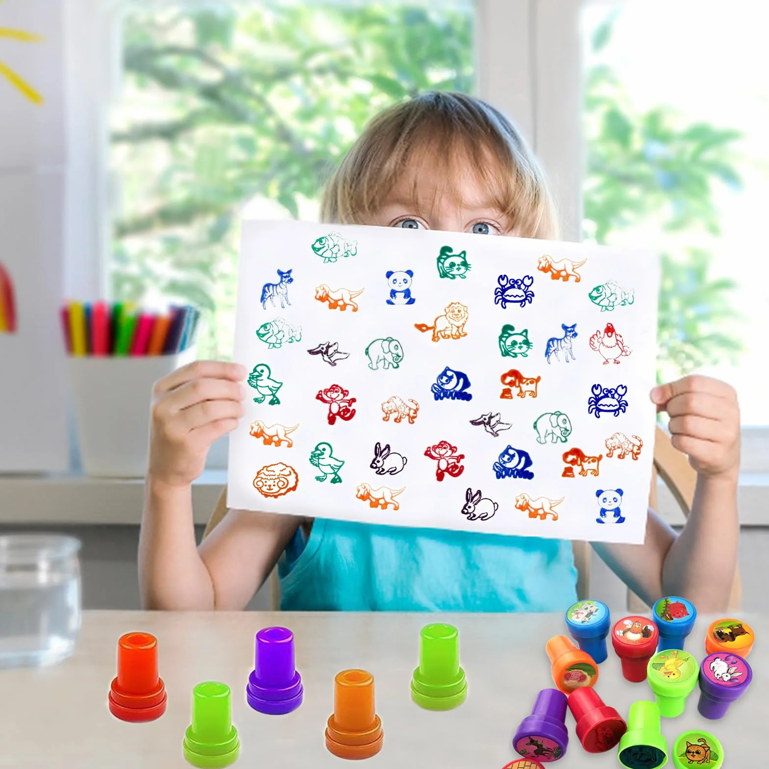 Diompirux 40 Piezas multicolor Juego de Sellos de Animales, Conjunto de Sellos para Infantil, Dibujos Animados Sellos de Tinta para Niños, para obsequios de fiesta, rellenos de bolsas de regalo