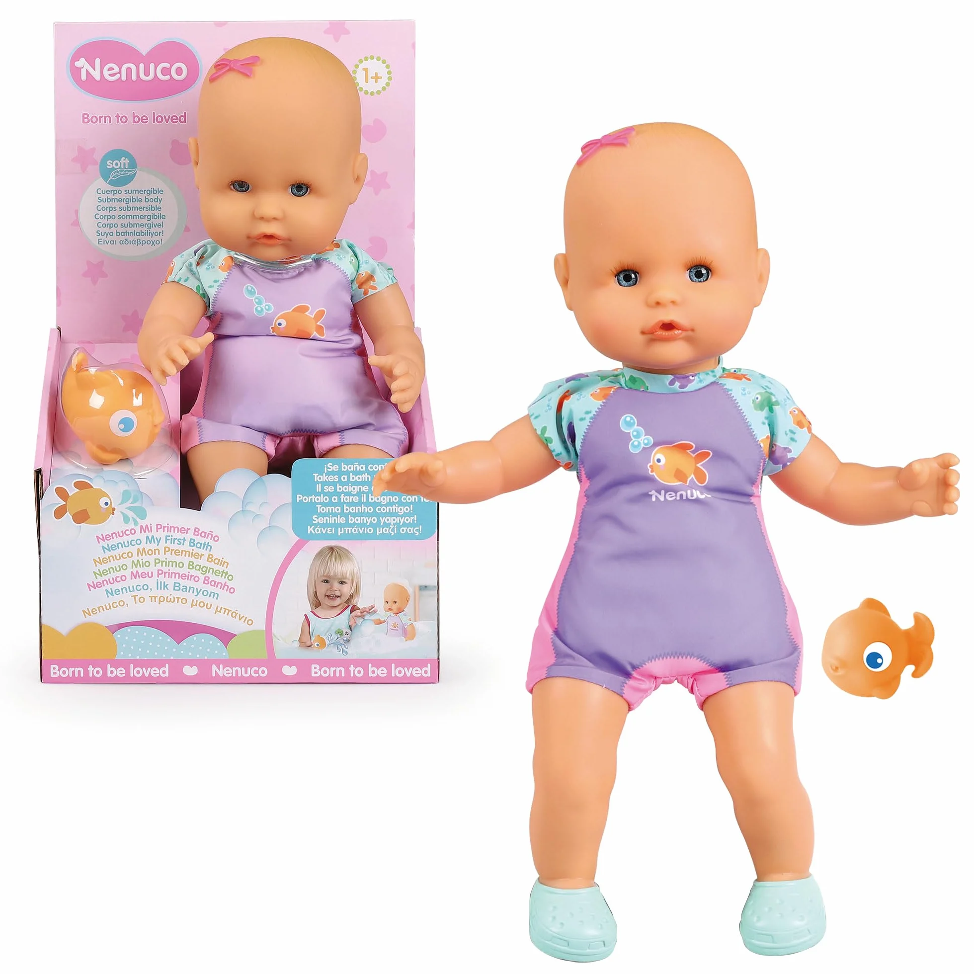 Nenuco - Mi Primer baño, un muñeco blandito de Cuerpo Sumergible, lo Puedes Meter en la bañera, en la Piscina y en el mar. Incluye bañador y un pececito Que se Puede Meter en el Agua (NFN88000)