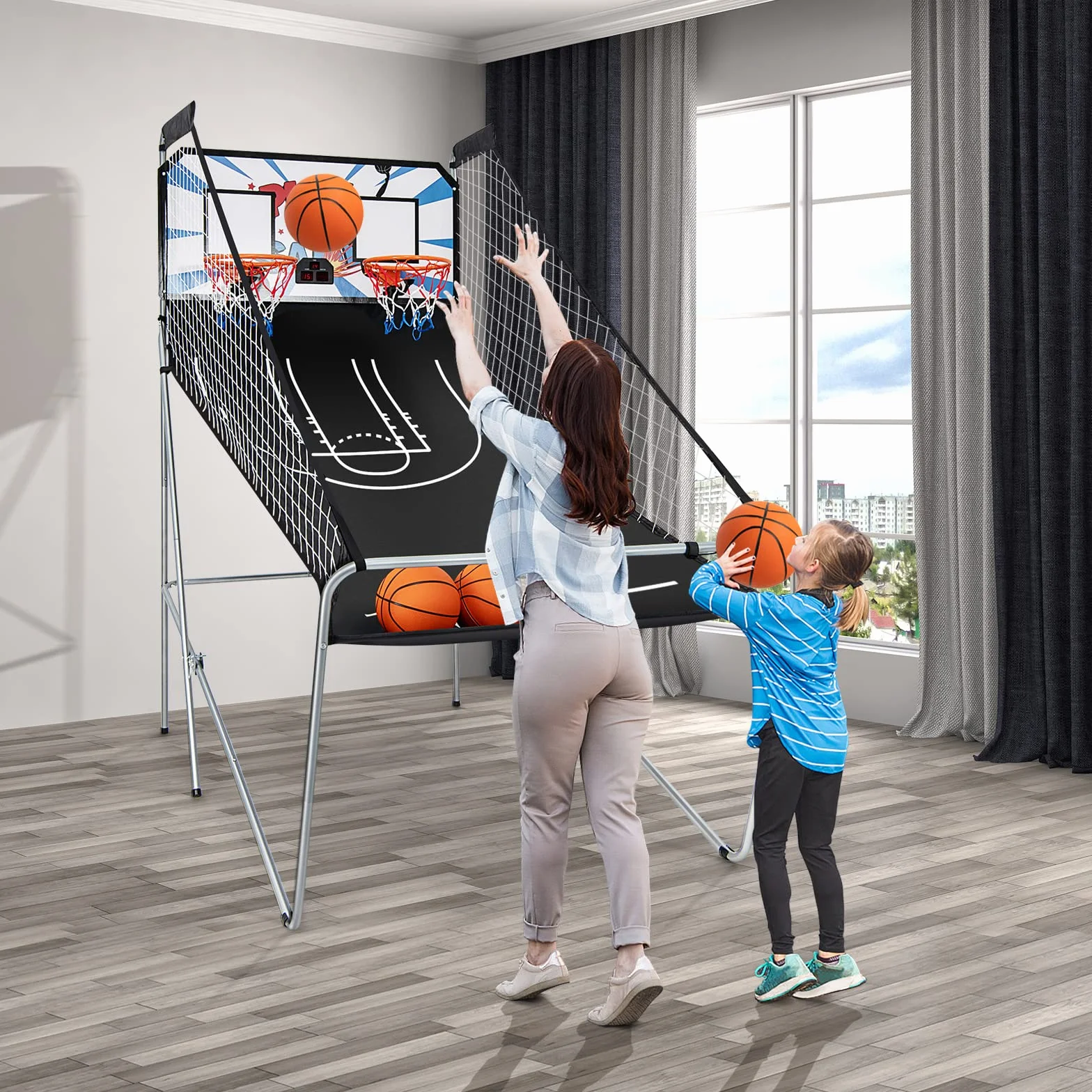 LIFEZEAL Juego de Baloncesto Plegable, Canasta de Baloncesto Doble con 8 Modos de Juego y Contador para 2 Personas, Máquina de Tiro con Red de Seguridad, 4 Pelotas, 1 Bomba (Blanco)