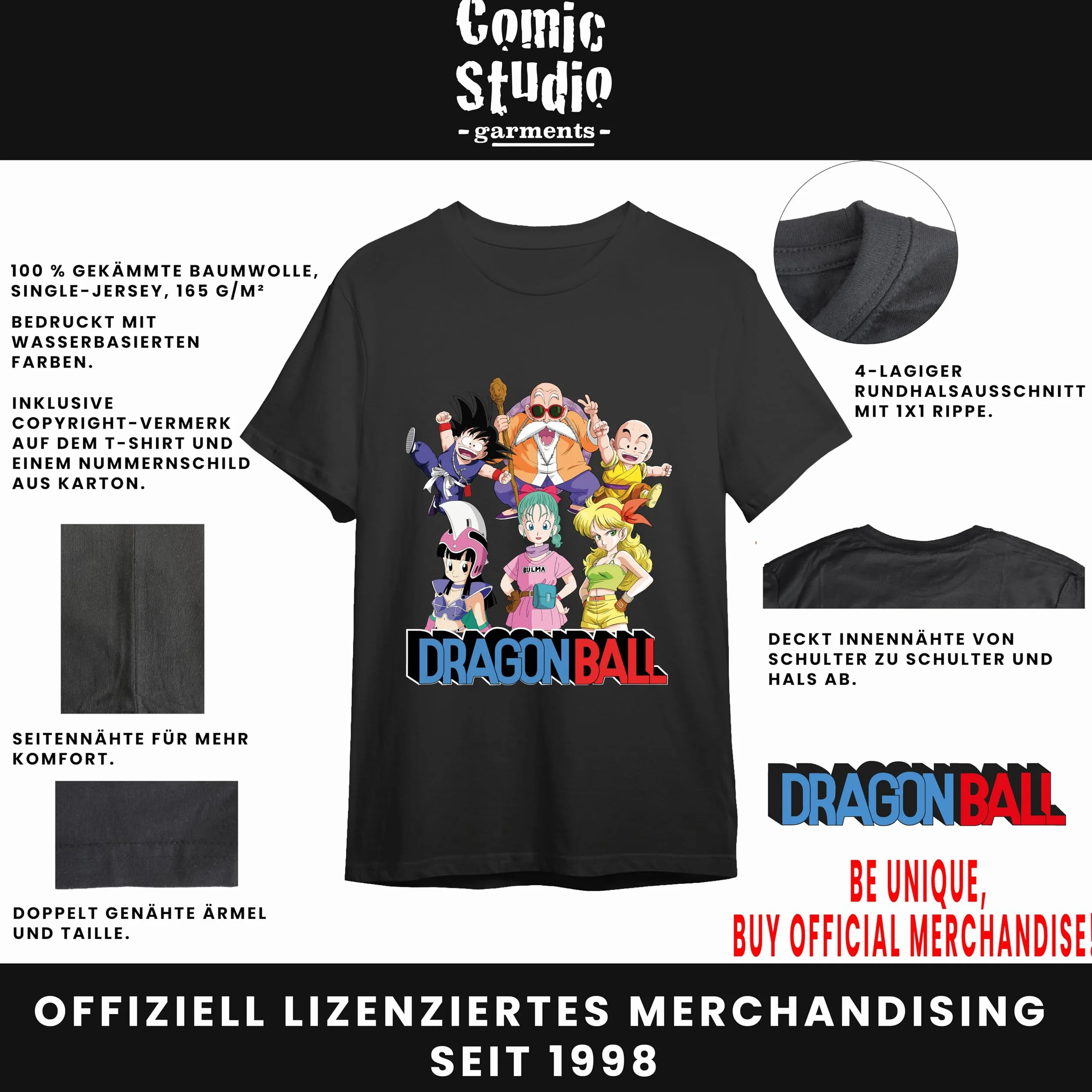 Dragon Ball Goku Krillin Bulma Chichi Kamesennin Black Short Sleeve T-Shirt Unisex Adulto