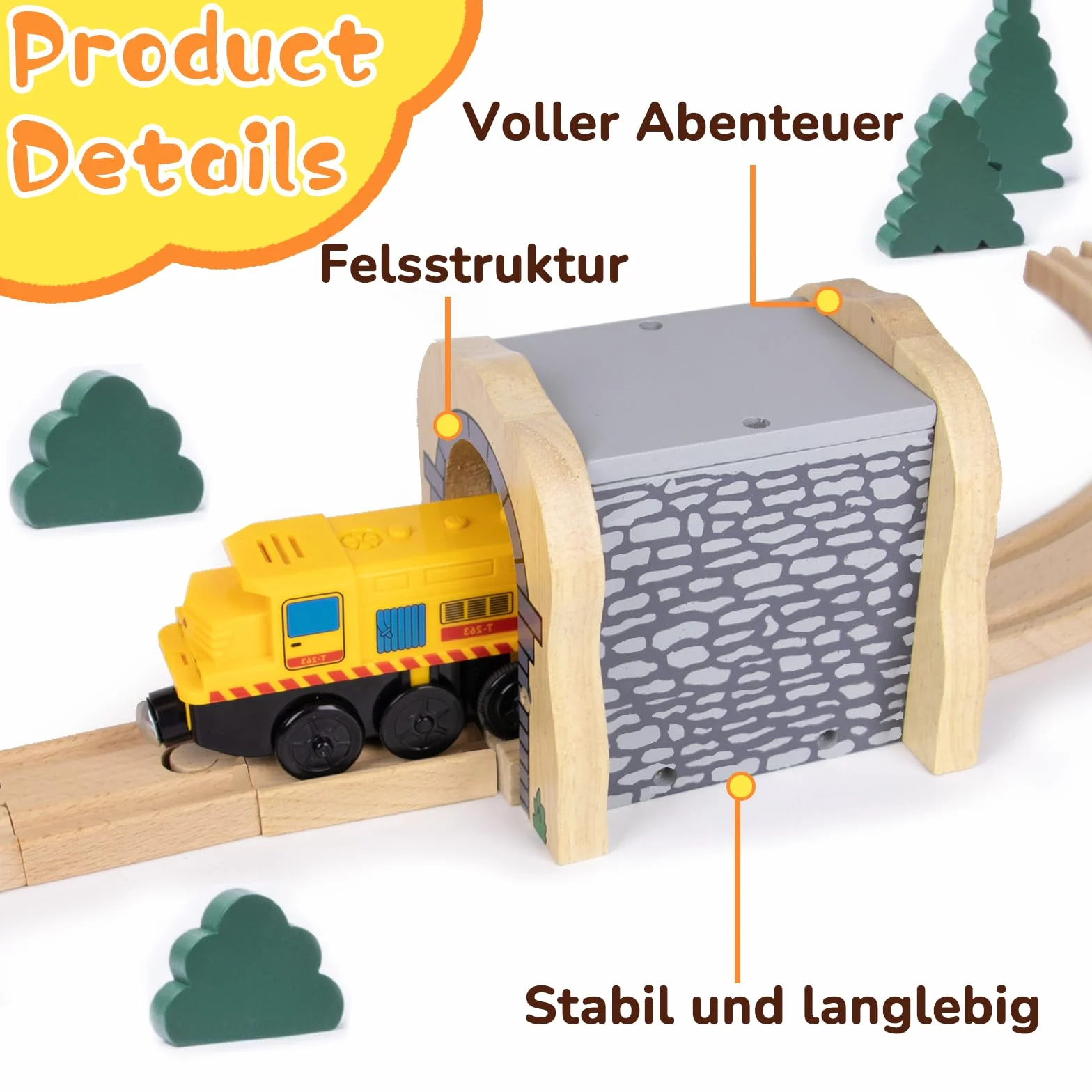 Accesorios de tren de madera para niños a partir de 3 años, túnel de piedra gris