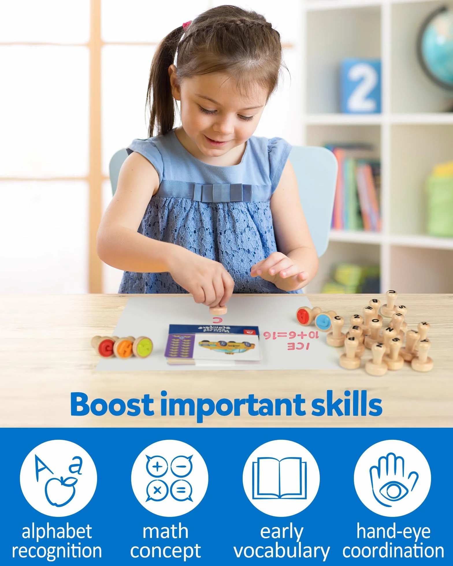 Coogam Tarjetas de Selección de Alfabeto de Madera y Sello Digital, ABC y Aprendizaje de Matemáticas, Arte y Artesanía, Juguetes Montessori Educativos Regalos para 3-5 Años