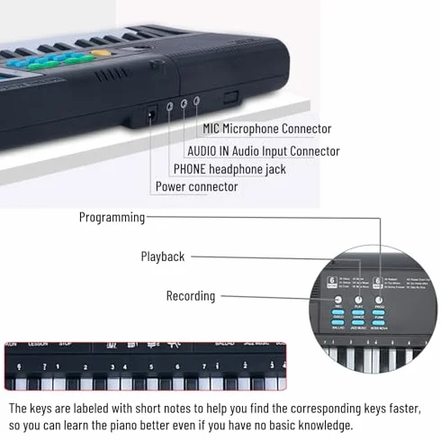 Teclado Piano 61 Teclas Teclado de Piano Digital con Micrófono Cable USB Altavoces Duales para Niños Principiantes