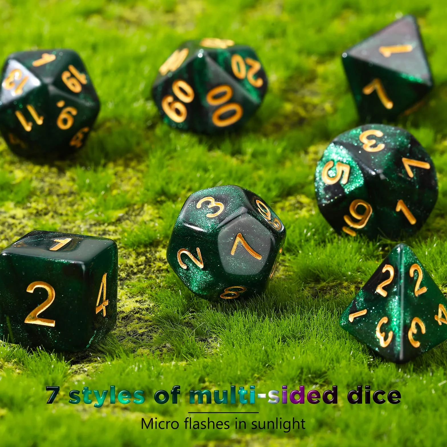 Set de 7 Dados Poliédricos DND con Bolsa Negra para Calabozos y Dragones de Juegos de rol RPG (Nebulosa Verde Negra)