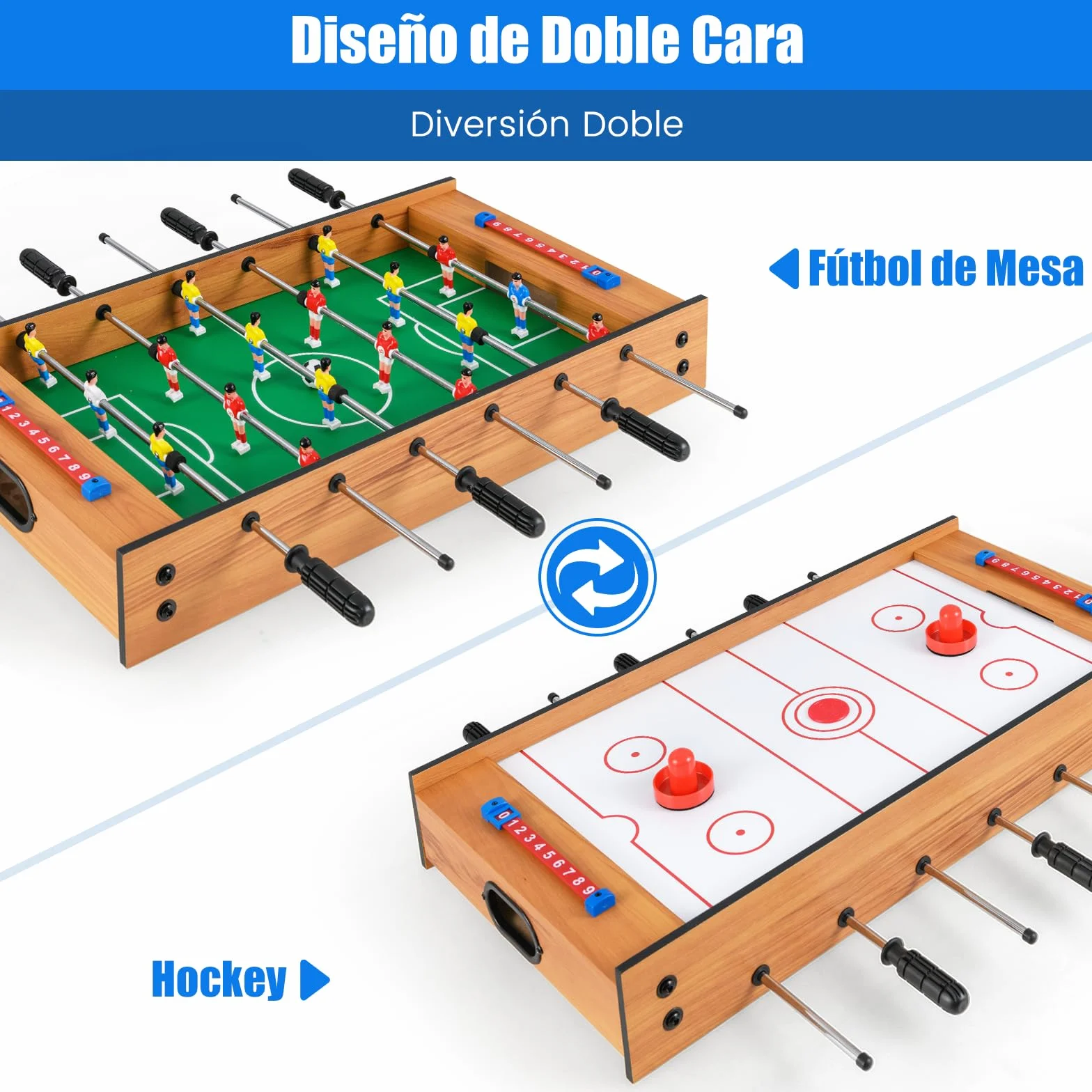 COSTWAY 2 en 1 Mesa Multijuegos, Mesa de Futbolín y Air Hockey, Juego sobremesa para Niños y Adultos, Futbolín sobremesa con 18 Jugadores para Fiesta Bar, 69 x 36 x 10 cm