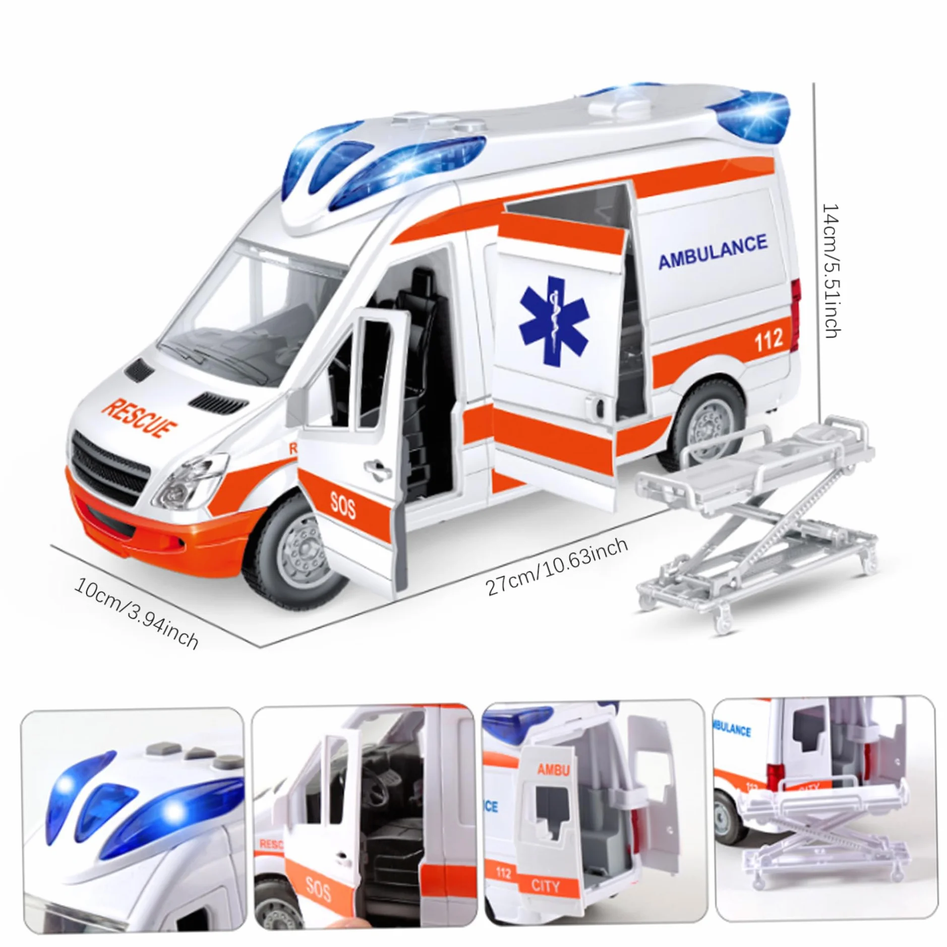 1pc Ambulance Juguete con Luces y Sonidos simulación Ambulancia de Juguete de batería con 5 Puertas Abiertas Vehículo de Juguete de inercia para niños Antimitaciones de 3+ cumpleaños