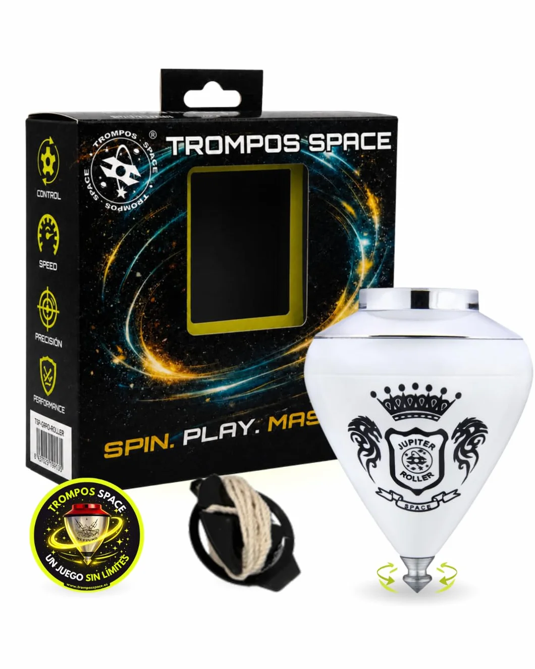 TROMPOS SPACE - Trompo Profesional Júpiter Roller de Gran Diámetro, Peonza con Punta Roller de Doble Rodamiento, Centro de Gravedad Modulable y Tapa Calibrable, Cuerda y Packaging Oficial, Color Plata