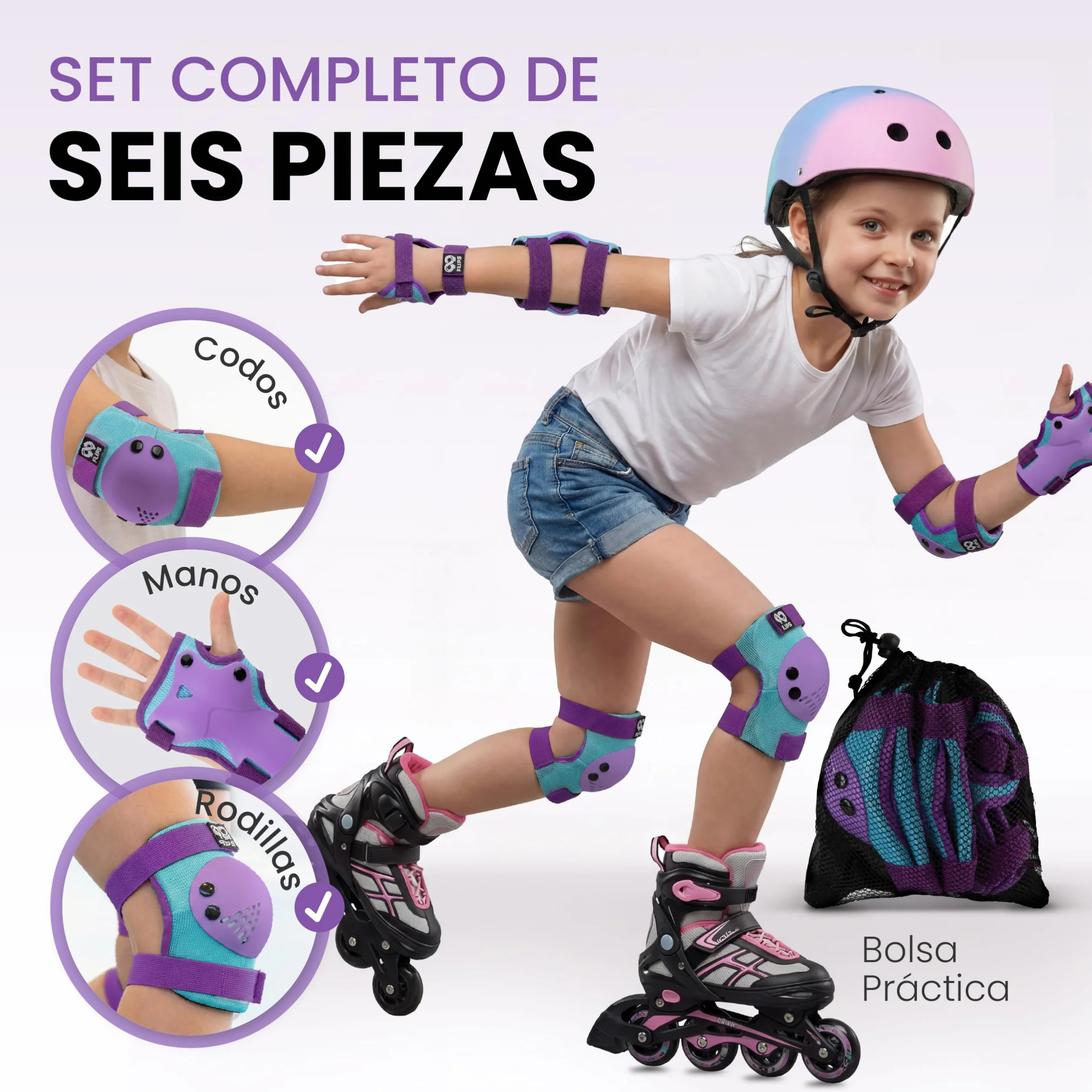 99FLIPS Protecciones Patines Niña 3-12 Años Rodilleras Coderas 6 Piezas Protectores Monopatín Patines Línea BMX