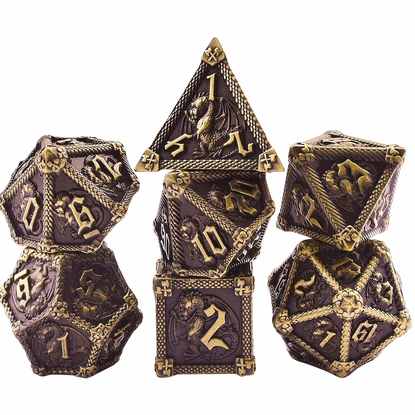 SIQUK 7 Piezas Juego de Dados Metálicos Poliédricos D20 D12 D10 D% D8 D6 D4 para Dungeons and Dragons MTG RPG, Bronce