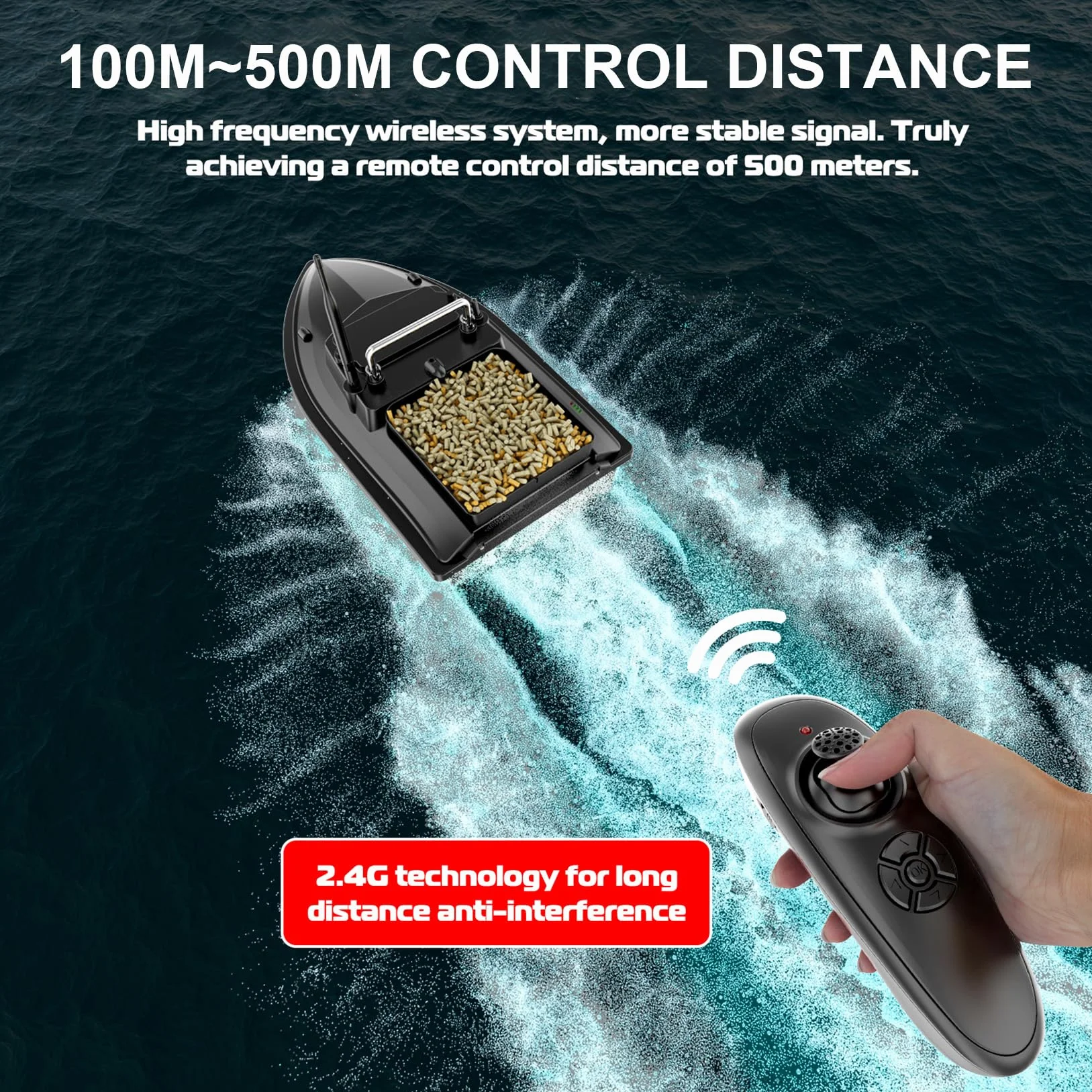 Bote de Pesca 500 m, Barco de Pesca RC, 2 kg, Carga con Bolso, Dispositivo alimentador de Peces, 500 m, Distancia de 2 kg, Cebo, Carga, Mando a Distancia, Barco (Verde) (Negro)