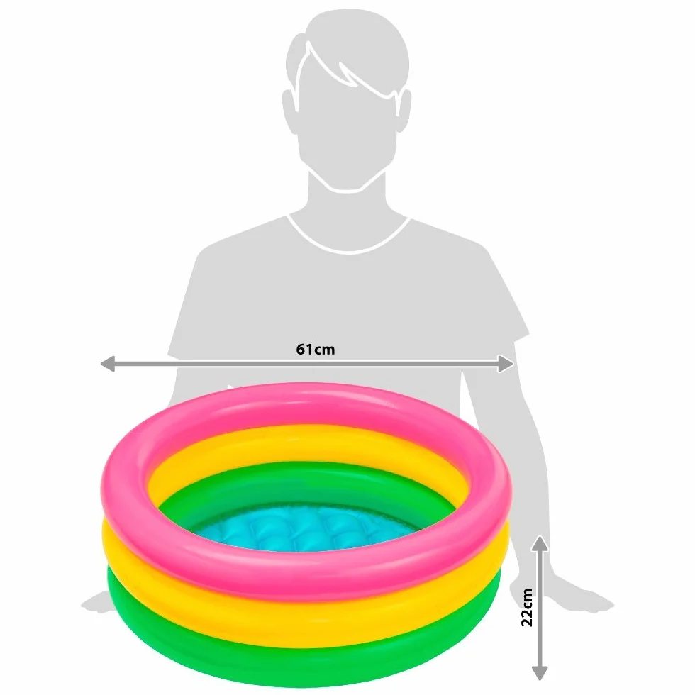 Intex 57107NP - Piscina Redonda hinchable 3 aros +base hinchable 61 x 22 cm, 28 l, Azul, rosa, verde, 1 a 3 años