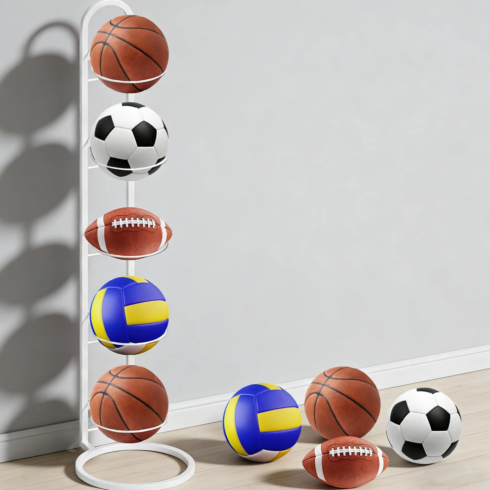 Estante vertical para pelotas de metal Blanco 5 pisos, soporte balón fútbol, baloncesto y vóley