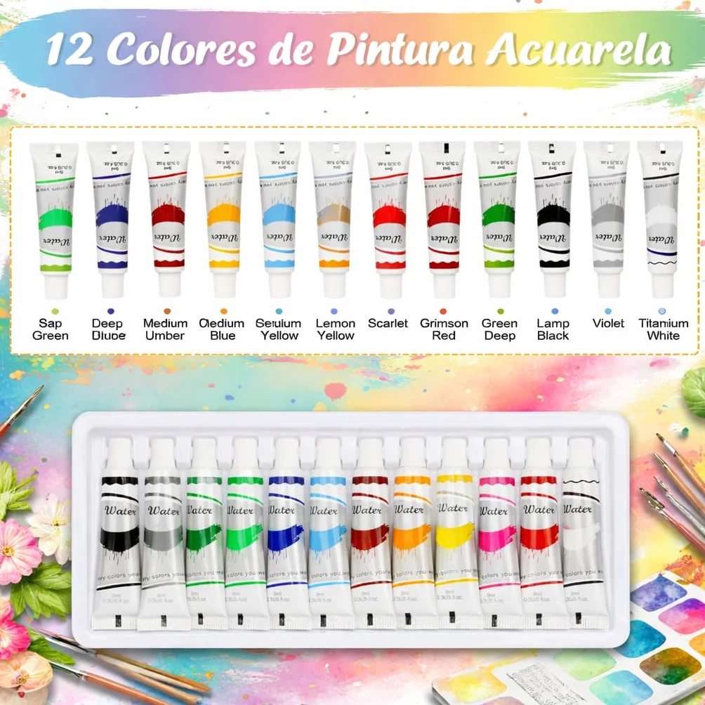 Mini Set de Acuarelas con Cuaderno y Pintura, Paquete Completo Acuarela 12 Colores Paleta Madera mini juego viaje papel acuarela, bolígrafos, clip, 8 cuadrículas para pintores, (Azul)