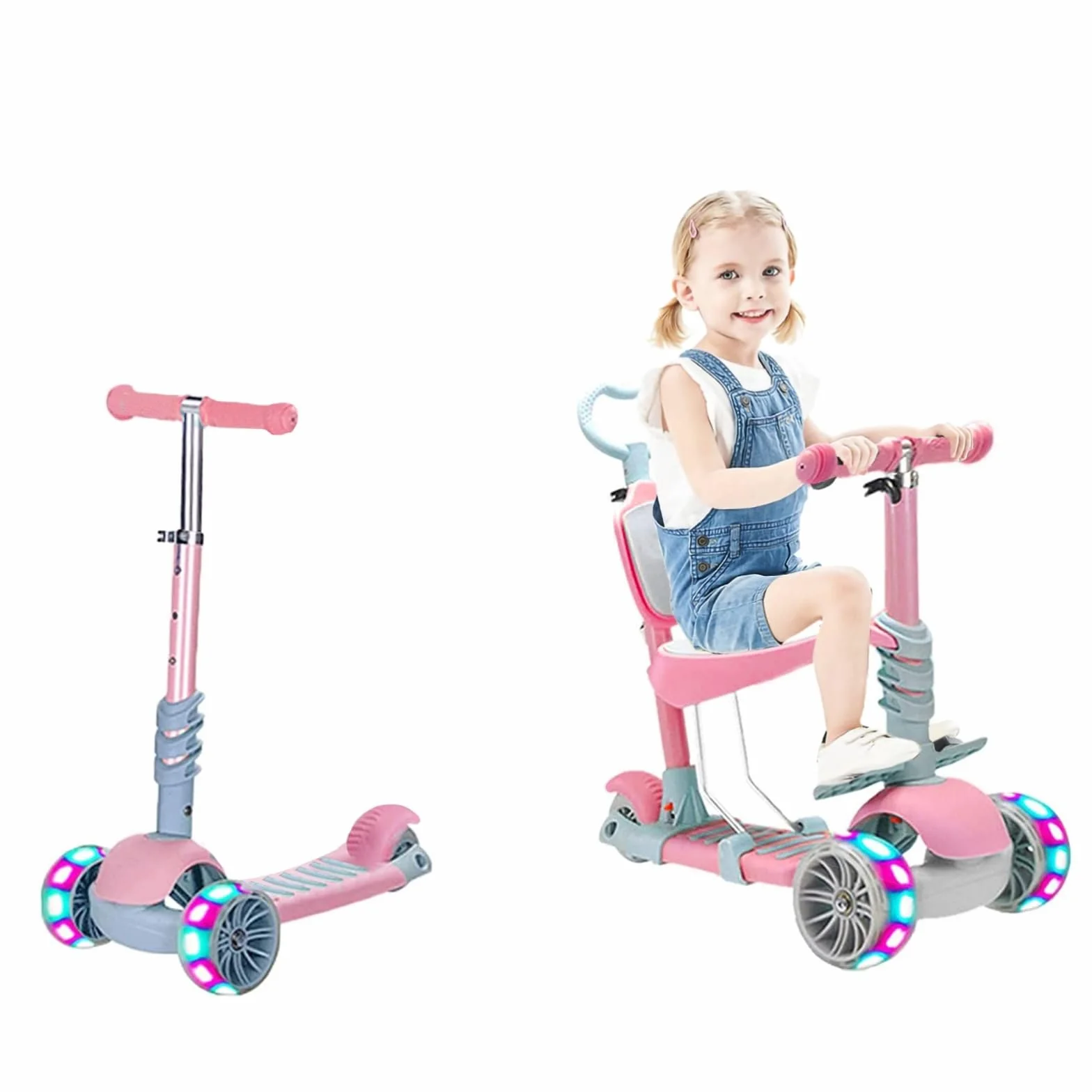 Patinete para Niños 5-en-1 con Asiento Extraíble, 3 PU Ruedas Parpadeantes, Manillar de Altura Ajustable, Respaldo cómodo, Fácil de Dirigir, Patinete Infantil para Niños y Niñas de 1 a 6 Años