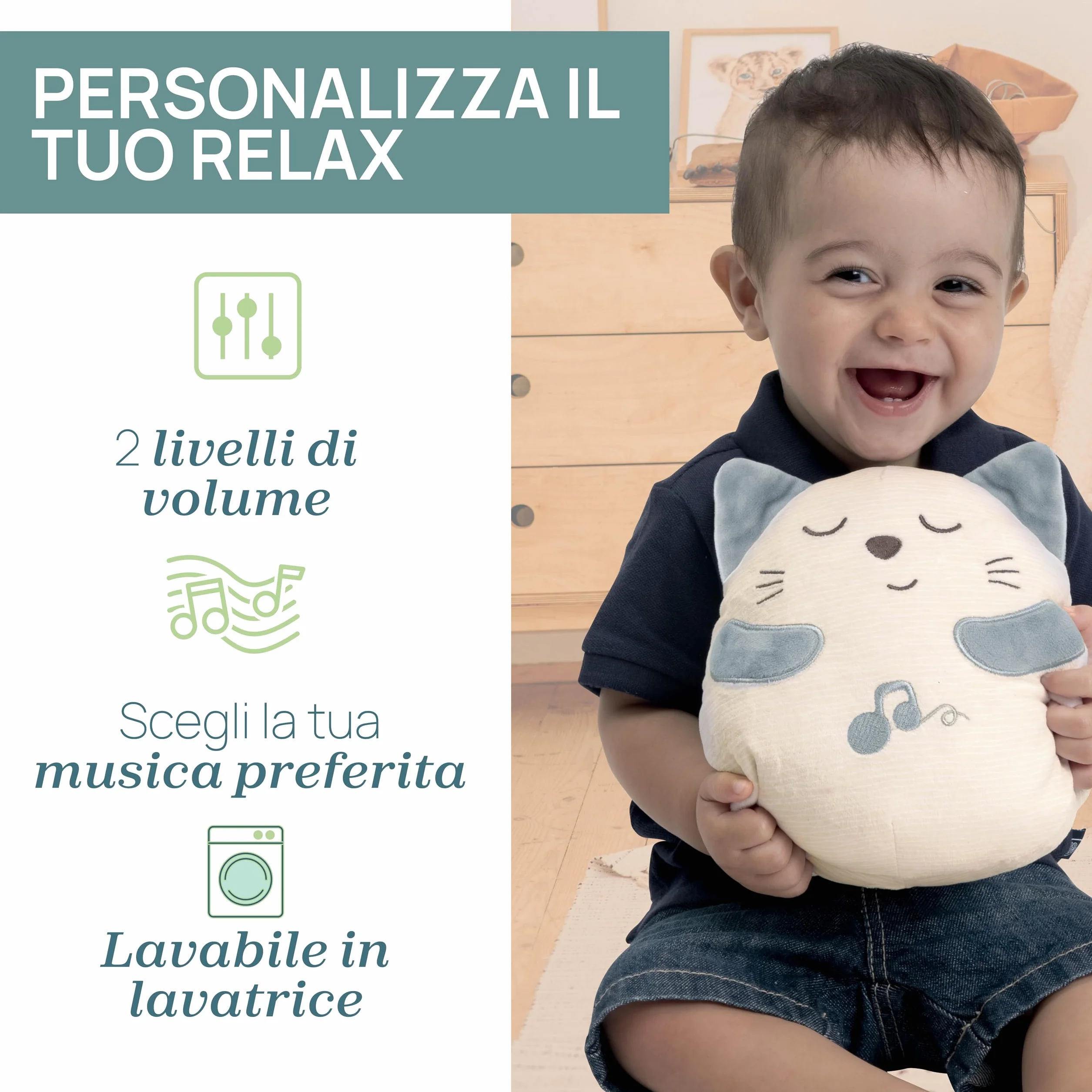 Chicco, Gatito Ronroneador, Peluche Electrónico Interactivo, Reproduce el Sonido y Las Vibraciones de los Ronroneos del Gato, Música Clásica, Tacto Suave, Lavable en Lavadora, Juguete Bebés +0 Meses