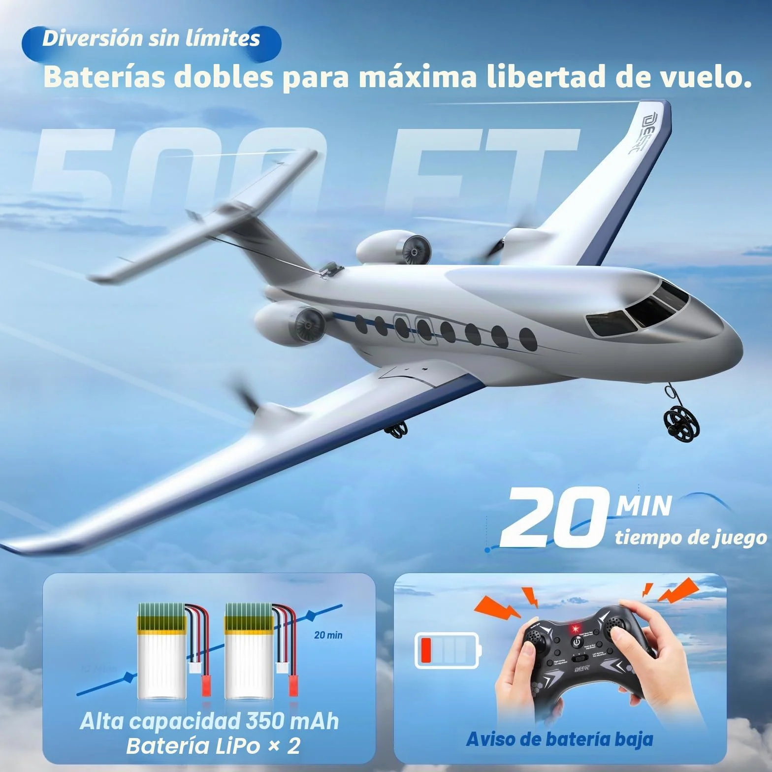 DEERC Avion Teledirigido G650, Jet Privado, Avión RC de 3 Canales, Juguete, giroestabilizador de 6 Ejes de 2,4 GHz, Planeador RTF, fácil de Volar, Ideal para Principiantes, niños y Adultos.