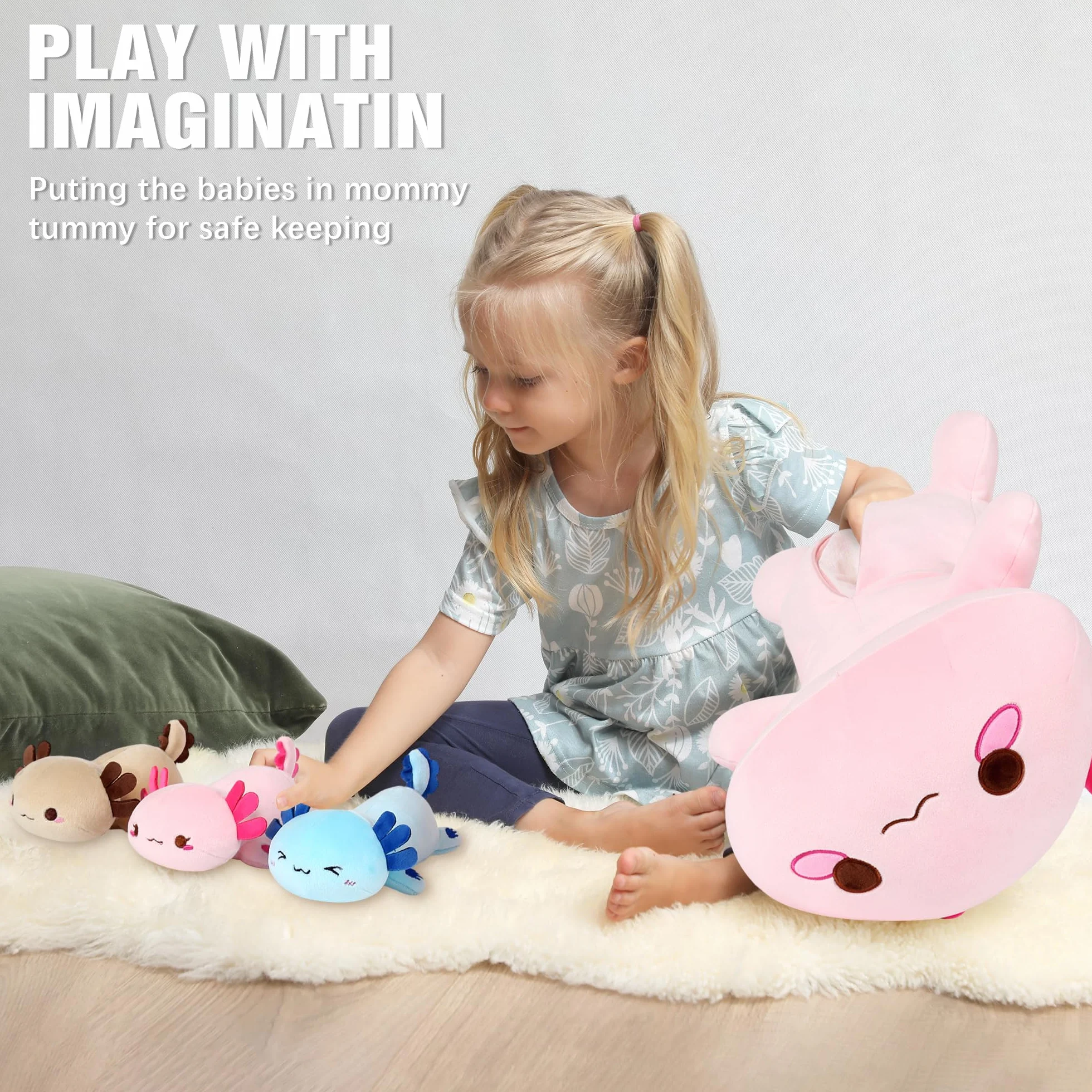 Shownicer Peluche de Axolotl Kawaii - Mamá y 3 Bebés Cojín de Felpa, Almohada Muñeca, Cojín de Lanzamiento - Regalo para Niños y Niñas