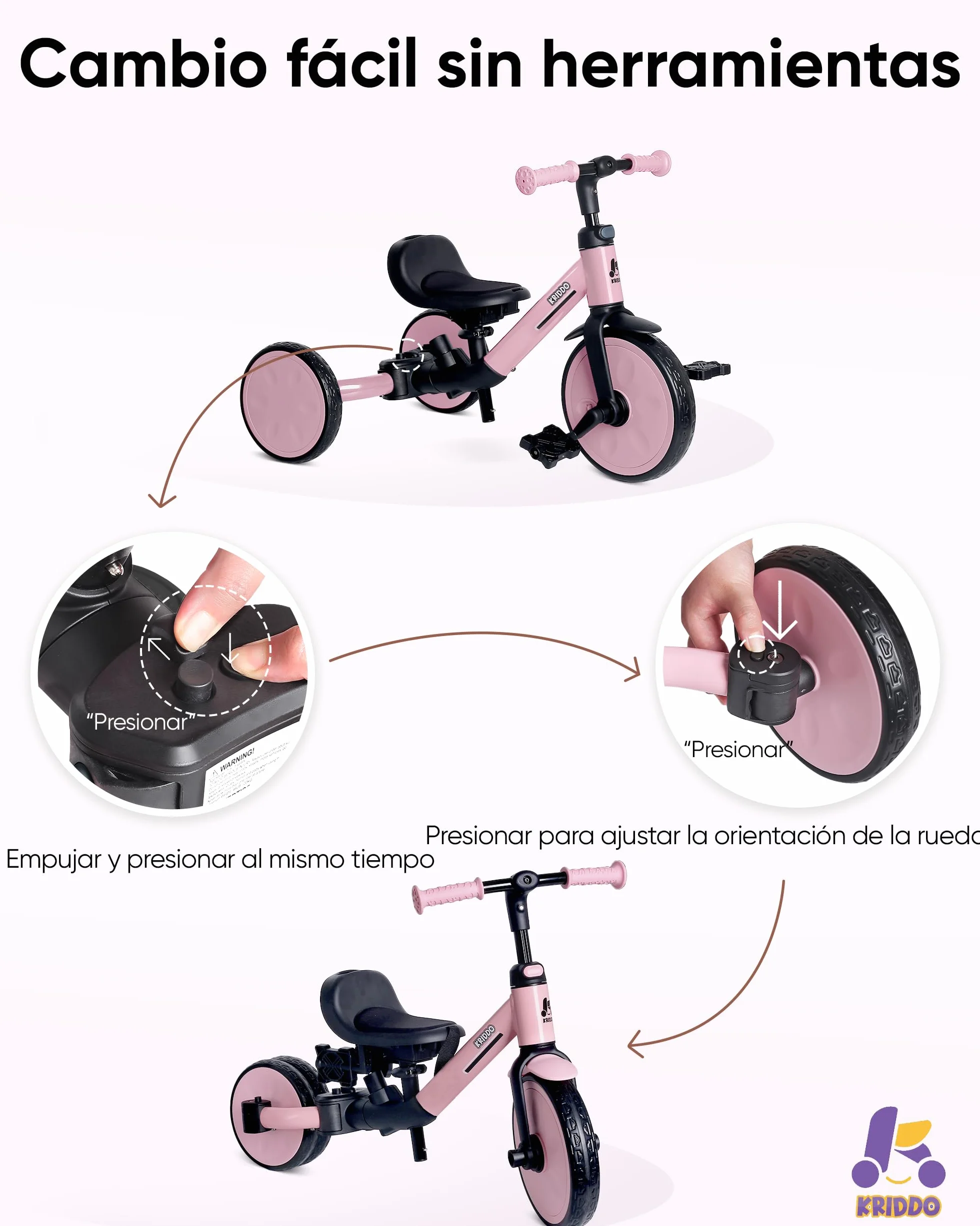 KRIDDO Triciclo Evolutivo 7 en 1 para Niños de 18 Meses a 5 Años – con Barra de Empuje, Triciclo y Bicicleta con o sin Pedales, Arnés de 3 Puntos, Bolsa de Almacenamiento, Rosa