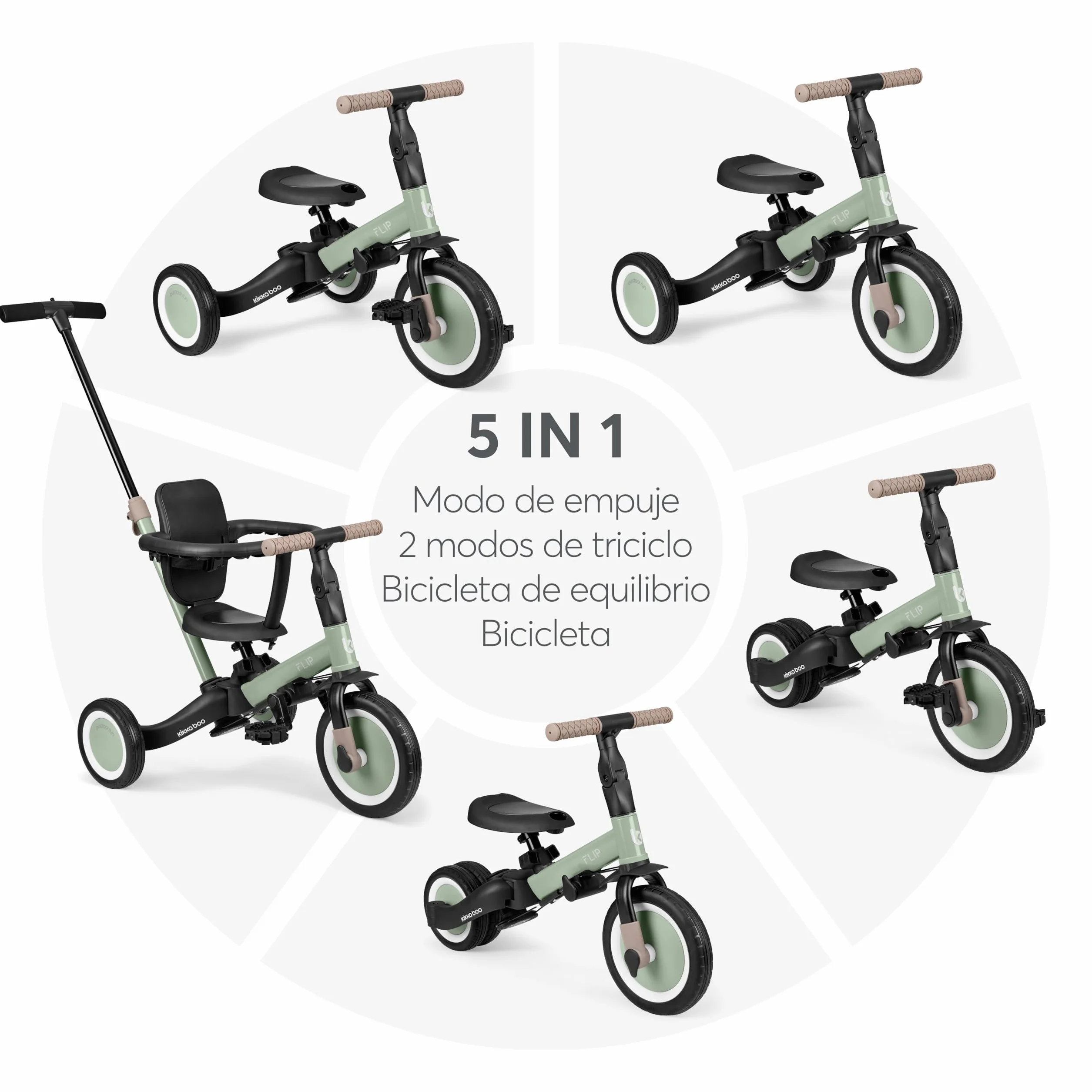 KikkaBoo FLIP, Triciclo Evolutivo de Bebé 5 en 1, Bicicleta con o sin Pedales, Ajustable y Transformable, Verde Militar, Desde 1 Año Hasta 5 Años