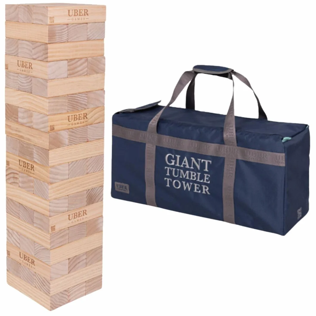 Ubergames Torre gigante tambaleante de hasta 160+ cm XXL Jumbo Hi-Tower en bolsa – 1,6 m (máximo en el juego). Juego de torre de madera de pino macizo - Bloques extra de lujo y bolsa (hasta 160+ cm)