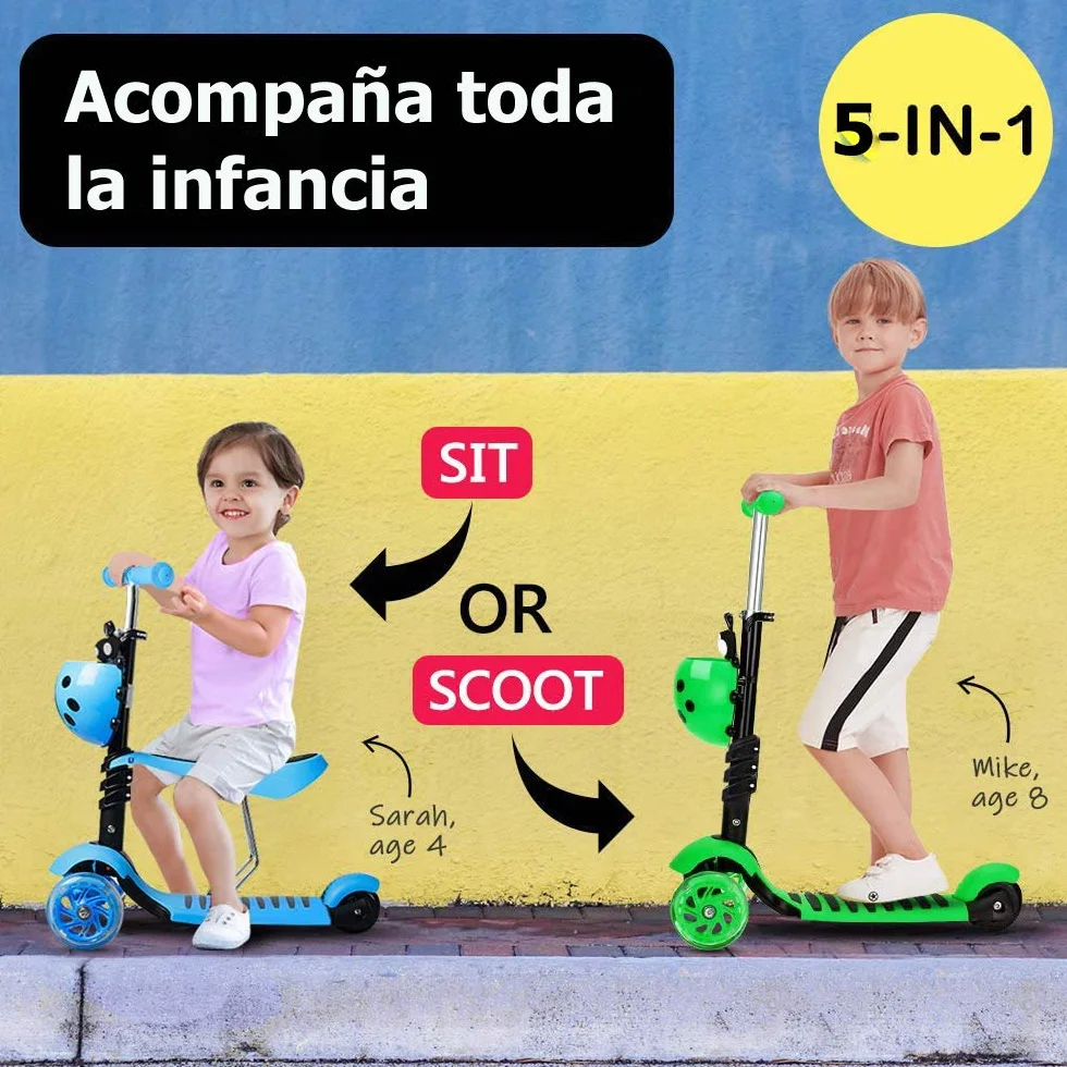 YOLEO Patinete para Niños 5-en-1, 3 Ruedas LED, Manillar Ajustable, Asiento Extraíble, 50 kg, Azul