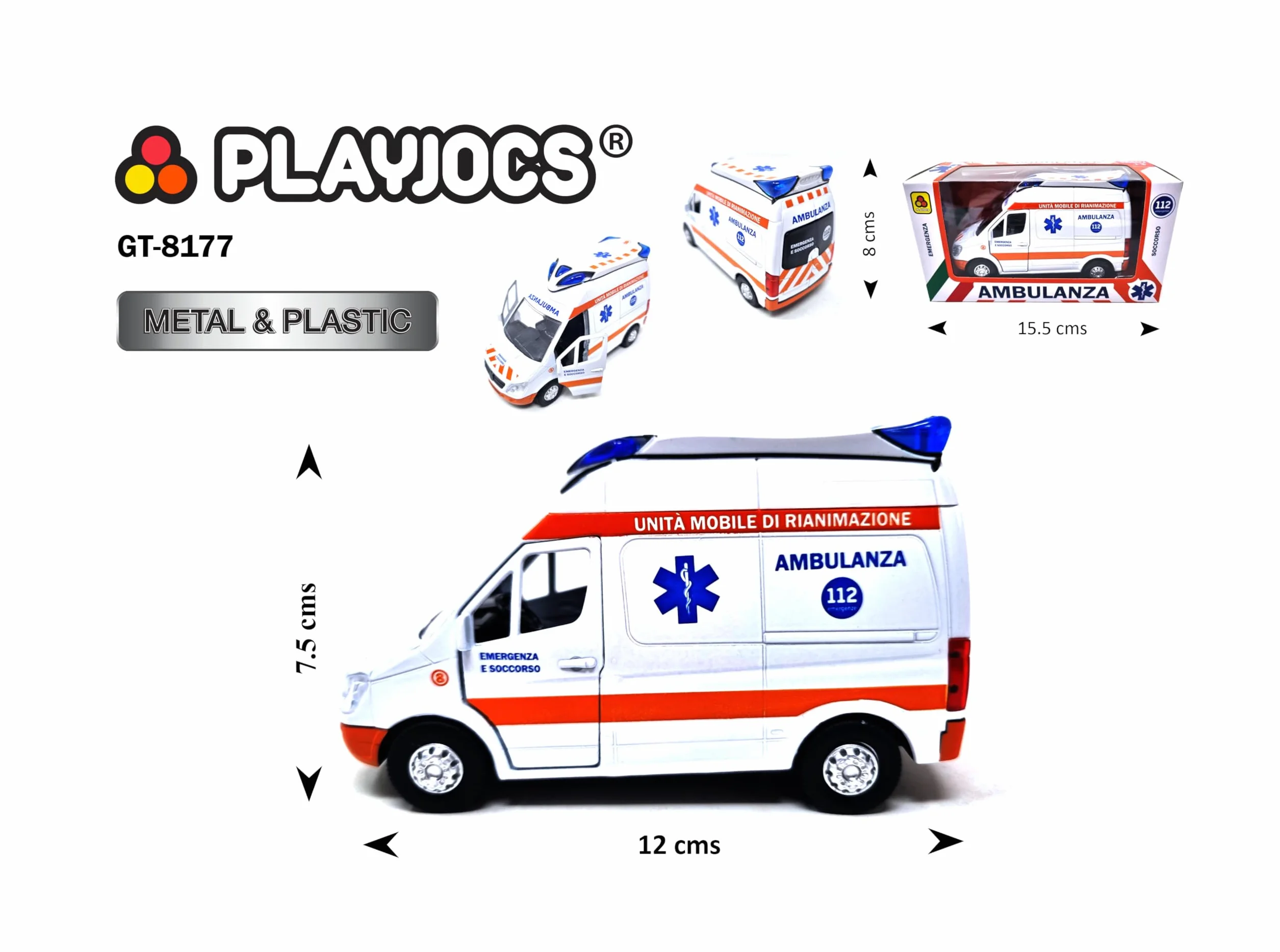 PLAYJOCS GT-8177 Ambulancia Italiana Coche metálico Juguete para niños y coleccionistas.