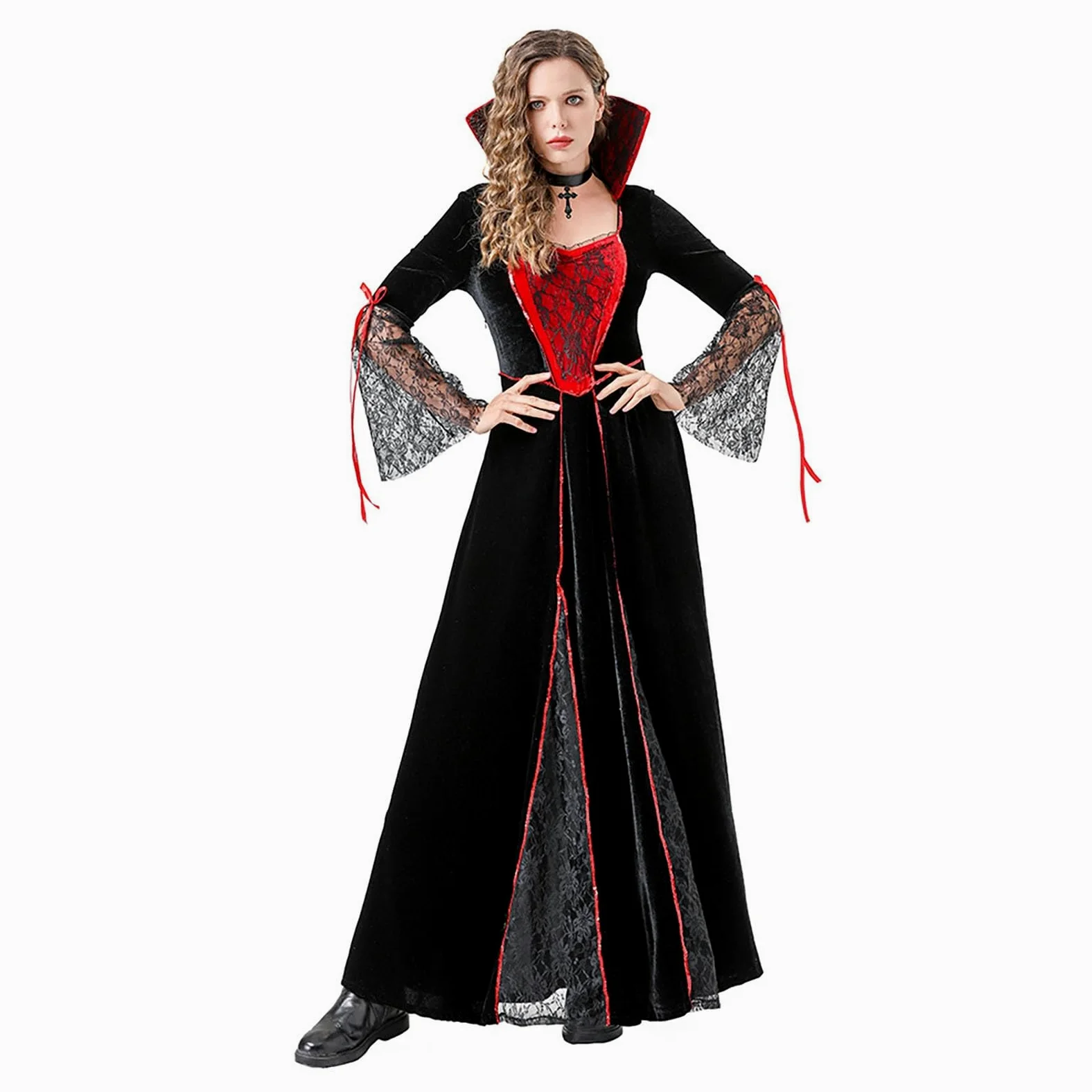 Disfraz medieval para mujer, bruja, cuello de pico, manga larga, vestido maxi para Halloween, cremallera, escenario, disfraz, pirata, renacimiento, Halloween, cosplay, carnaval, disfraz, rockabilly