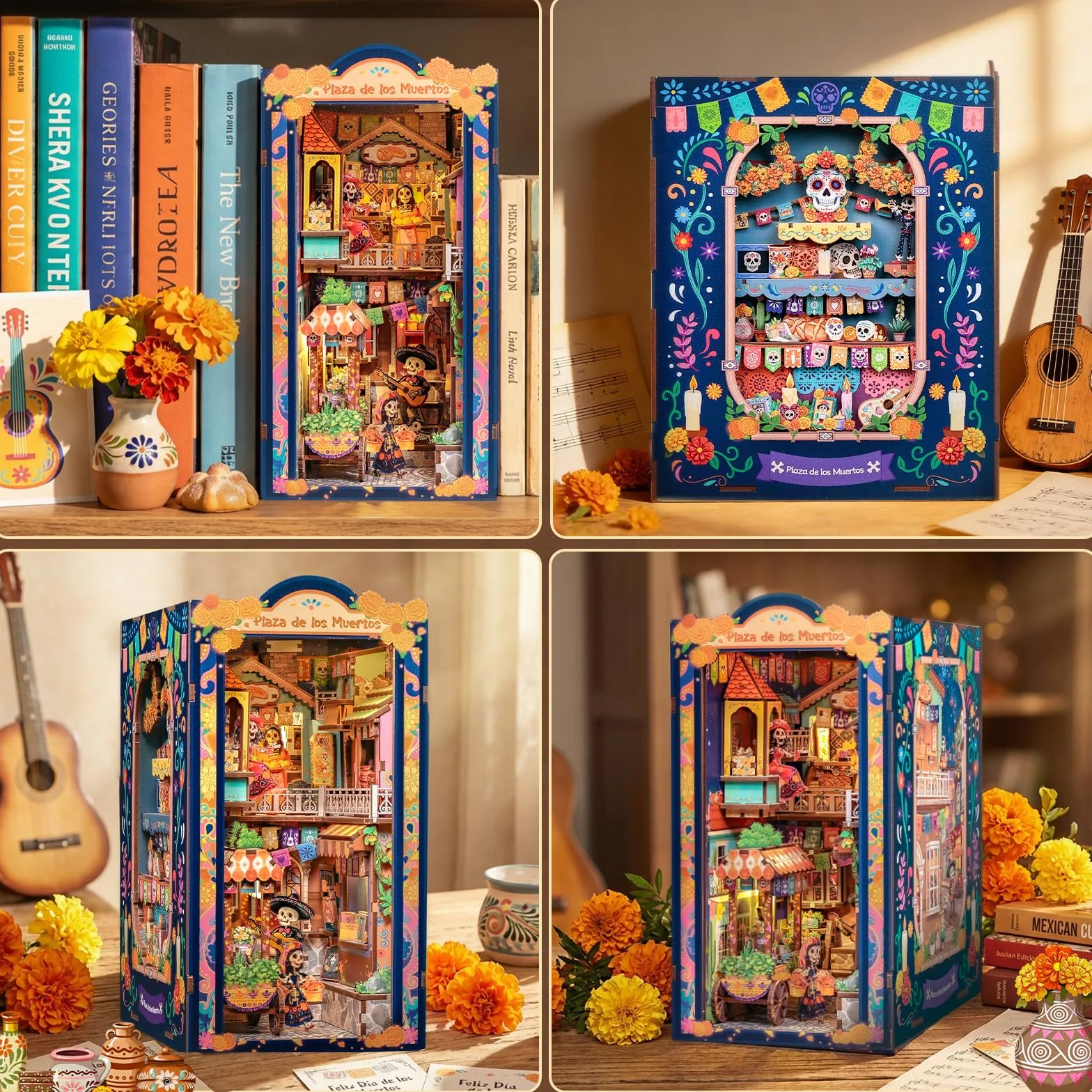 CUTEBEE Book Nook Kit - Casa de Muñecas DIY para Adultos, Maqueta en Miniatura para Montar, Rompecabezas 3D de Madera del Día de Muertos, Decoración para Estantería (Plaza de los Muertos)