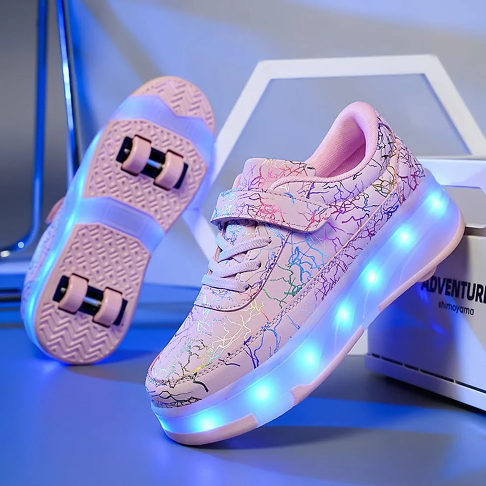 Mateju Patines Brillantes con 4 Ruedas Retirable Zapatos con Ruedas para Niños y Niñas 2 en 1