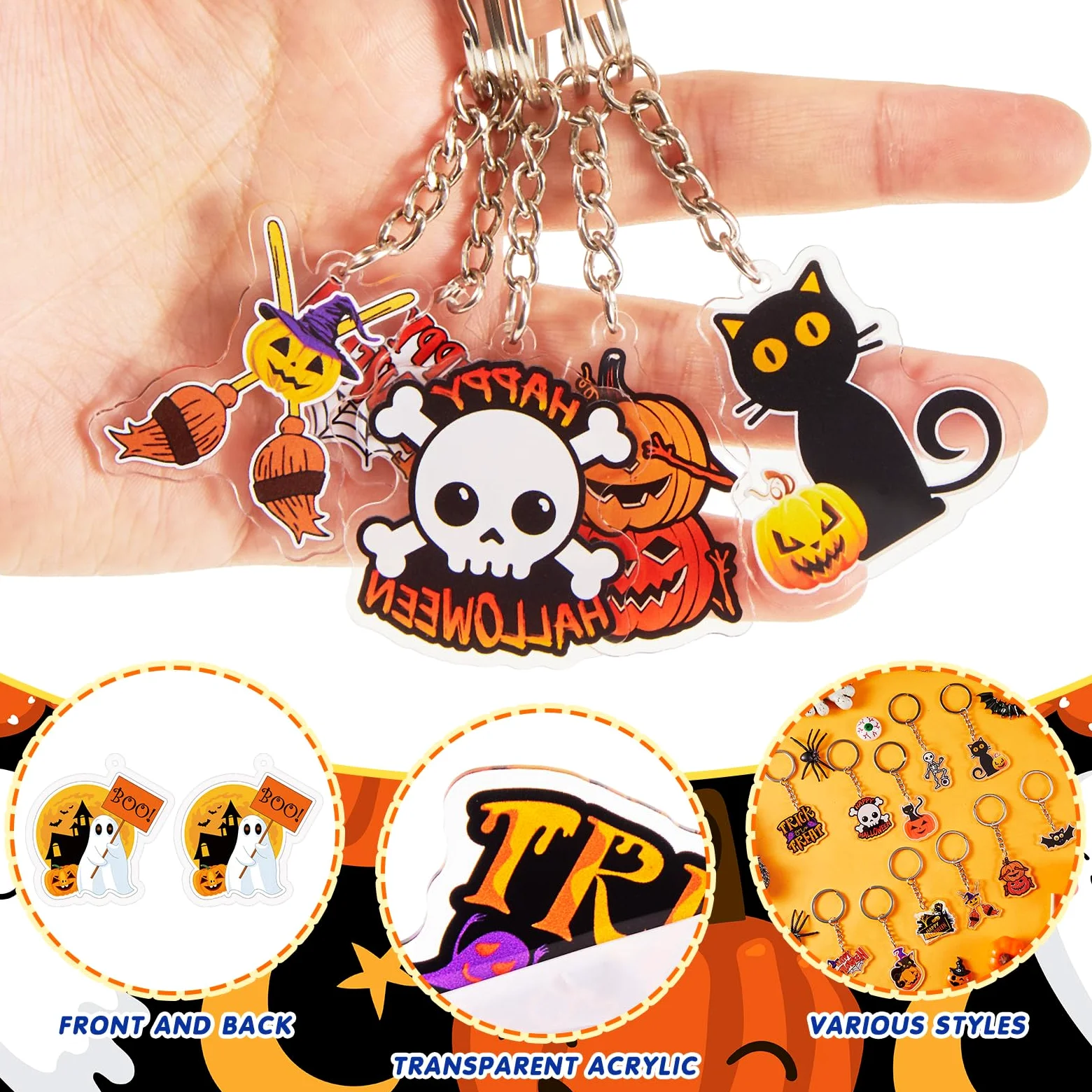 Kigeli 60 llaveros de Halloween, accesorios de Halloween, llavero acrílico de Halloween a granel, llavero colgante para hombres y mujeres, llaveros y llaveros para Halloween, joyería de regalo,