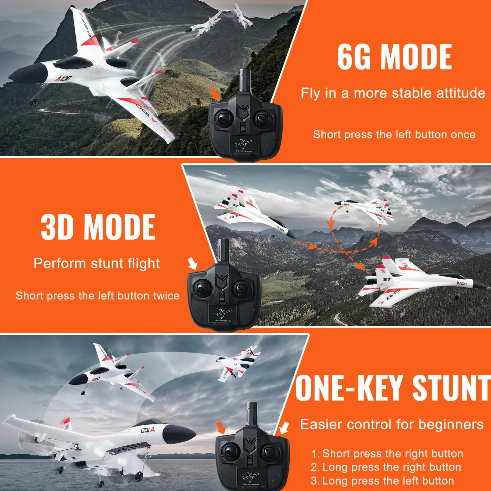 VEVOR Avión RC Avión de Control Remoto de 4 Canales de 2,4 GHz con Estabilizador Giroscópico de 6 Ejes Avión de Combate Listo para Volar Juguete con 2 Baterías para Adultos, Niños, Principiantes