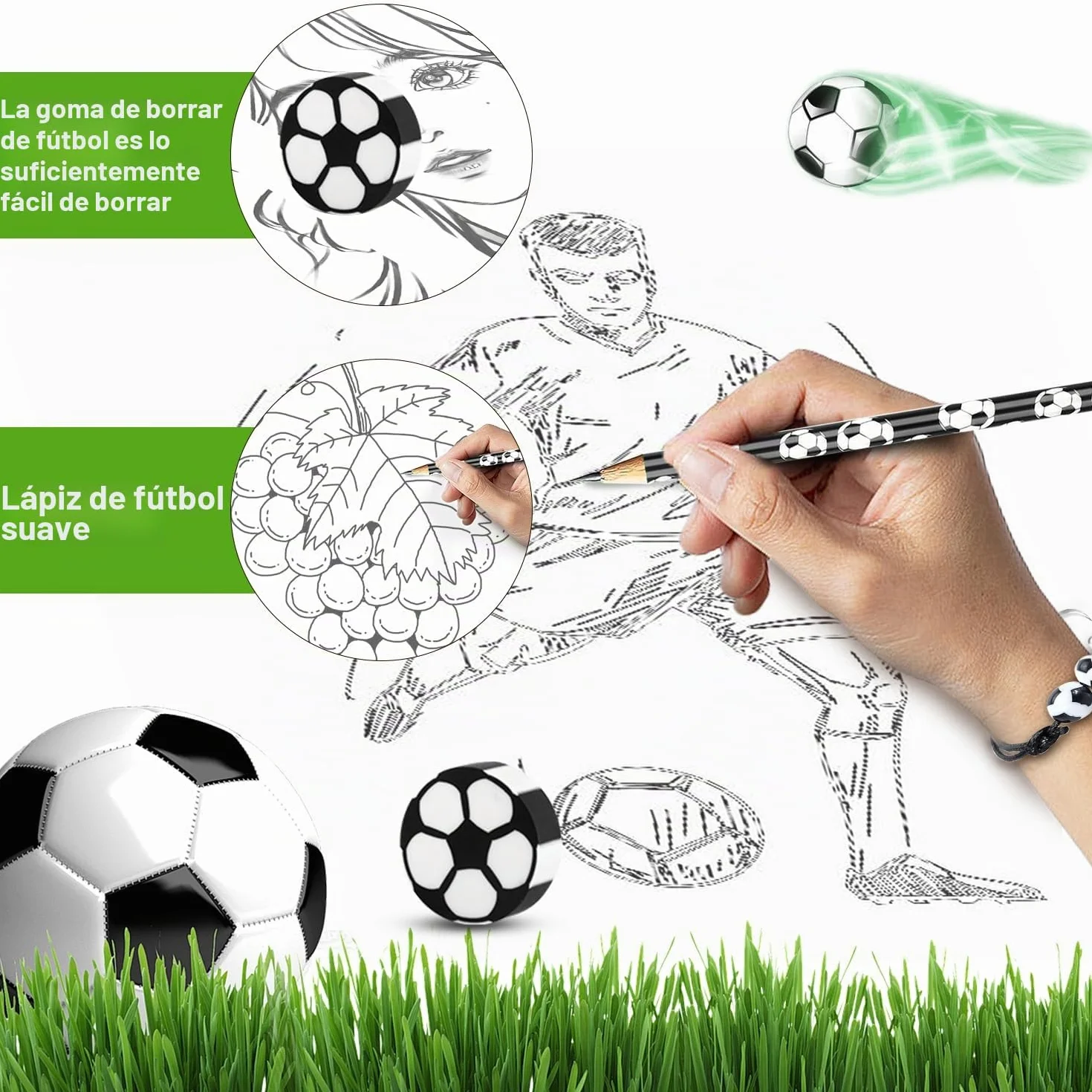 Juego de 36 obsequios de fútbol, 12 lápices, 12 gomas de borrar, 12 pulseras, regalos para la escuela, temas de fútbol, cumpleaños infantiles