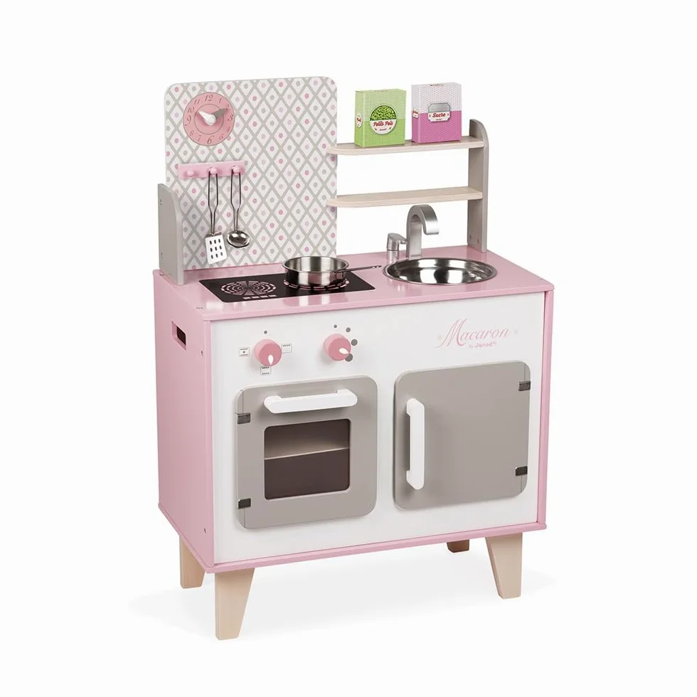 Janod - Cocina Infantil de Madera Macaron - Equipada con Nevera y Microondas - Con Sonidos - Imitación y Desarrollo - 5 Accesorios Incluidos - Desde 3 años, J06567, Rosa y Blanco