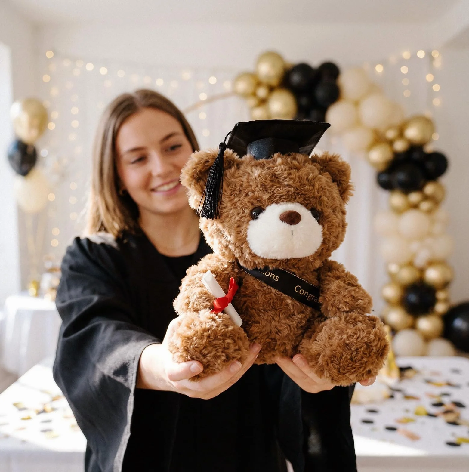 Oso de peluche de graduación con sombrero de doctorado, osito de graduación, regalo de graduación, 23 cm, amuleto de la suerte para graduación (marrón - negro)