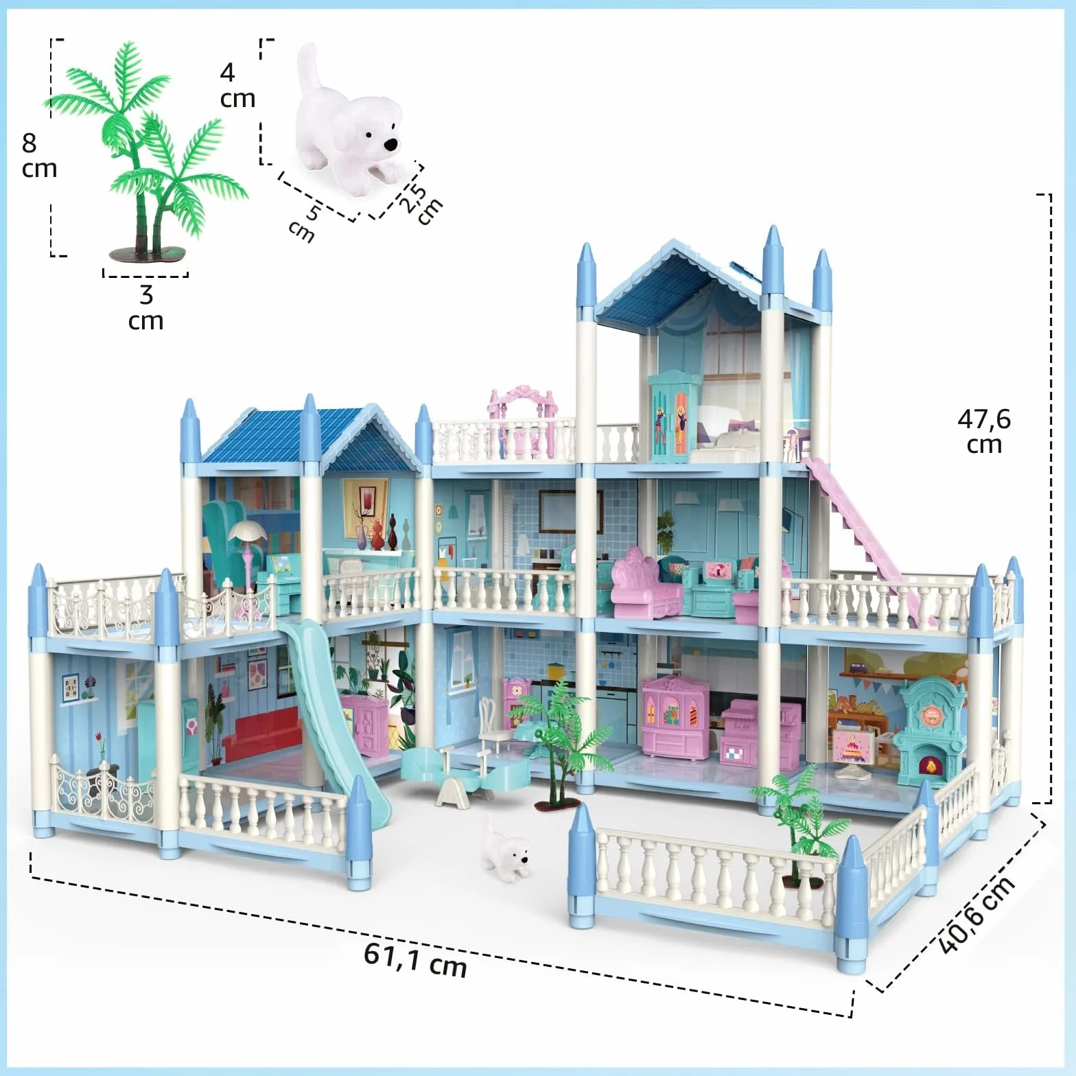 deAO Casa de Muñecas Villa para Niñas, 3 Pisos Casa de Muñecas de Ensueño con Muebles y Toboganes, Escaleras, Vallas, Perro Muñeco, Princess Castle Playset, Regalo para Niñas de 6+ Años (Azul)
