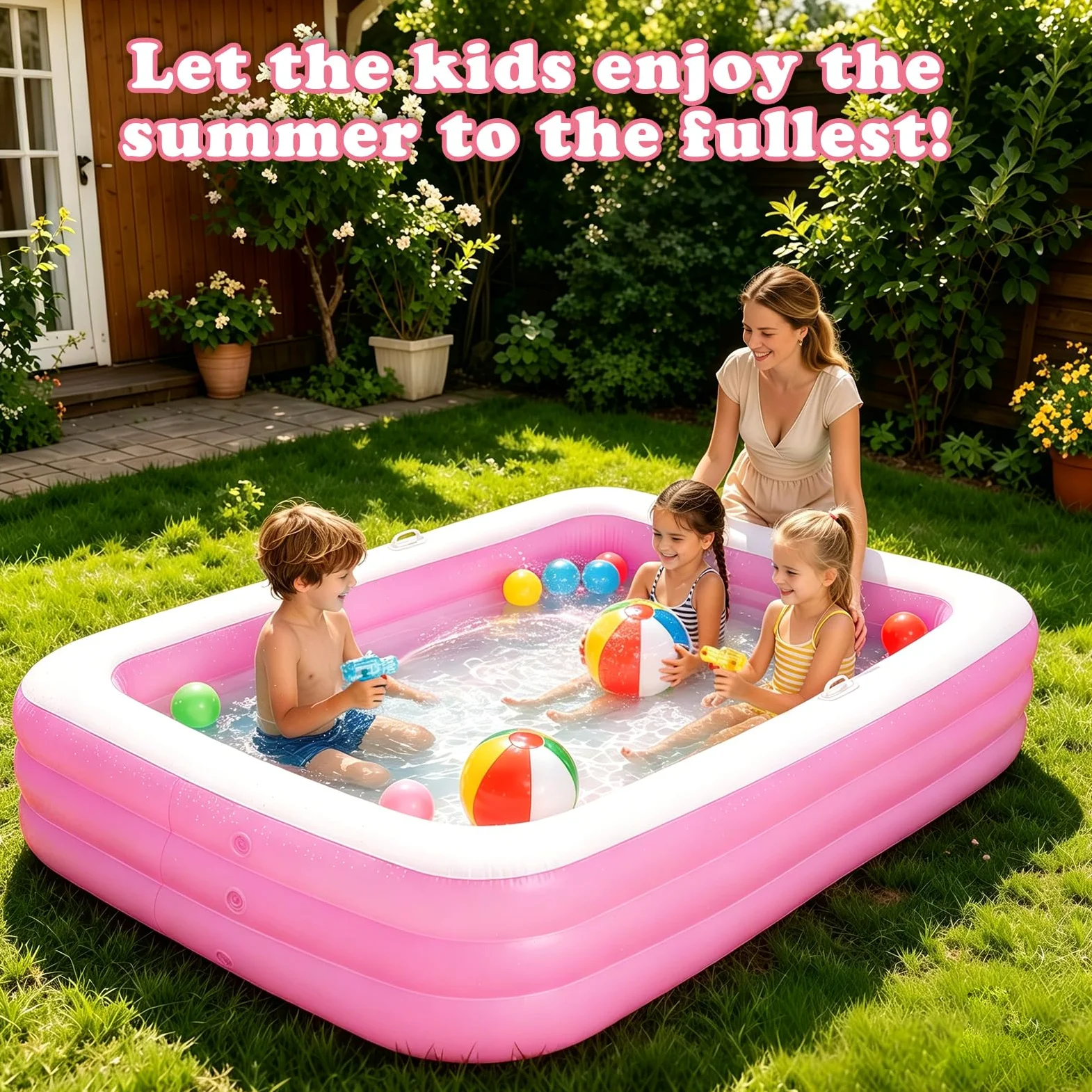 Piscina Hinchable Niños, Piscina Infantil Rectangular con 2 Pelotas de Playa y 2 Mini Pistolas de Agua, Piscine de Verano para Jardín, Exterior y Fiestas de Verano (Rosa)